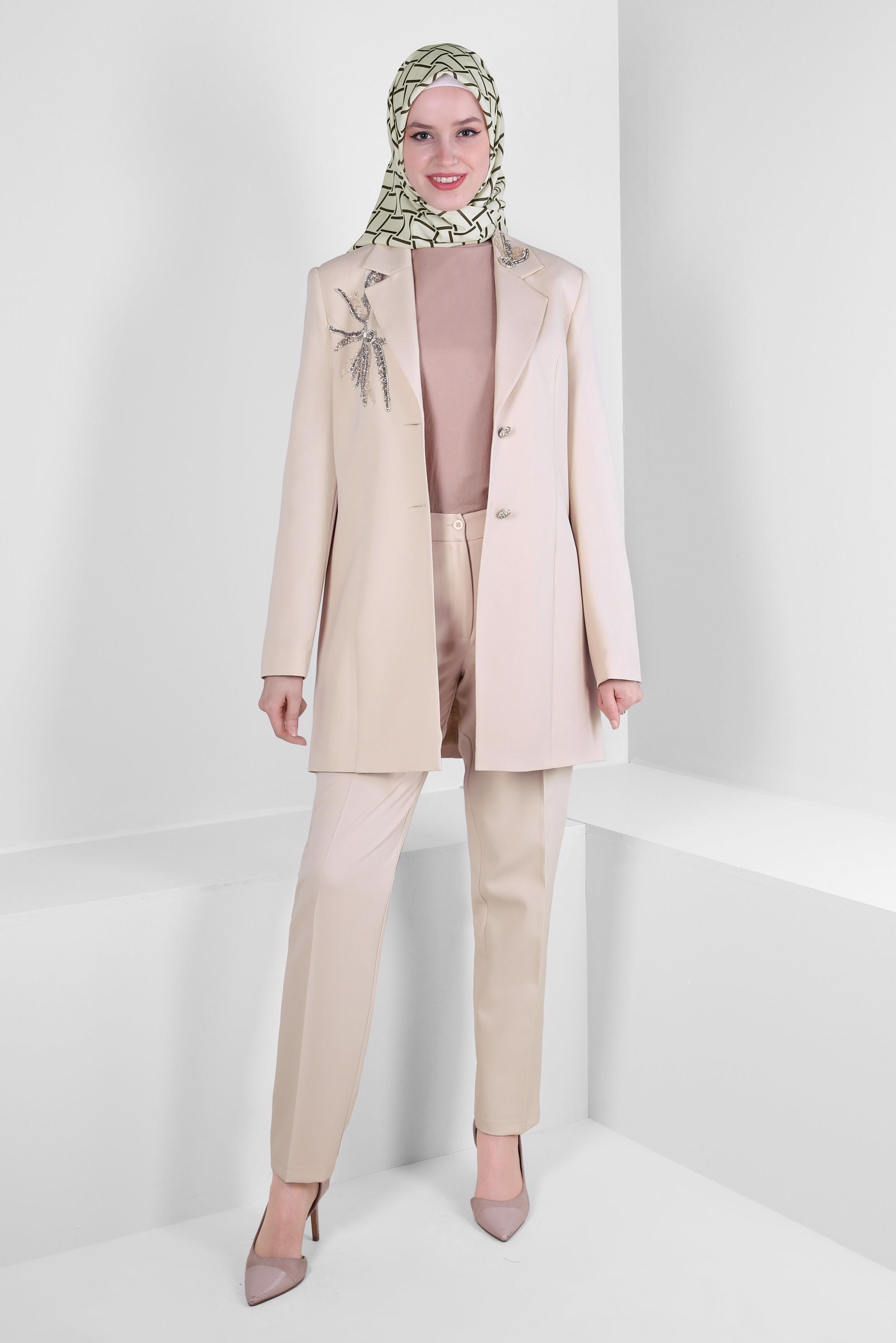 Tesettür giyim EKRU TAŞ BASKILI İKİLİ PANTOLONLU TAKIM 30318