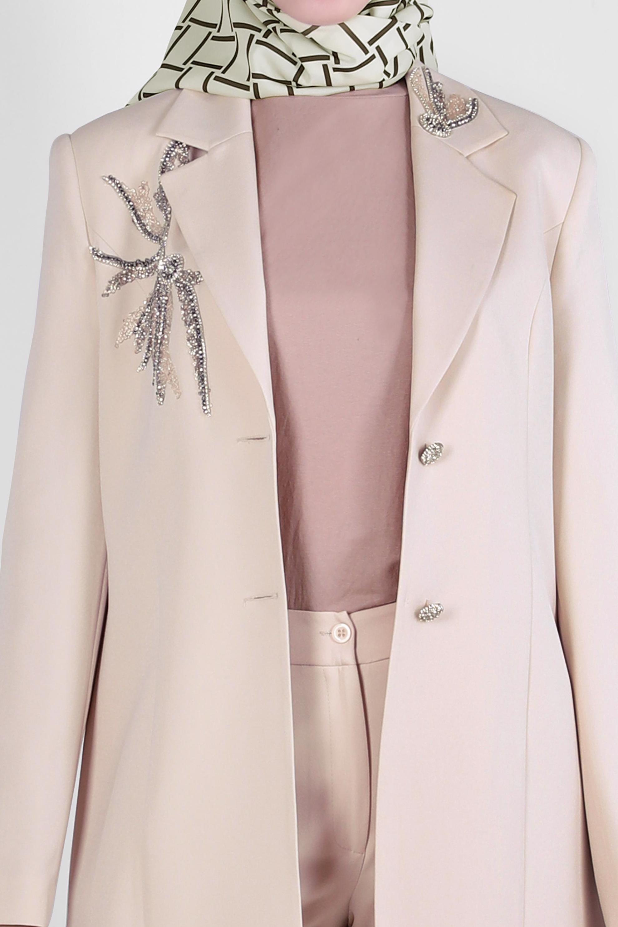 Tesettür giyim EKRU TAŞ BASKILI İKİLİ PANTOLONLU TAKIM 30318