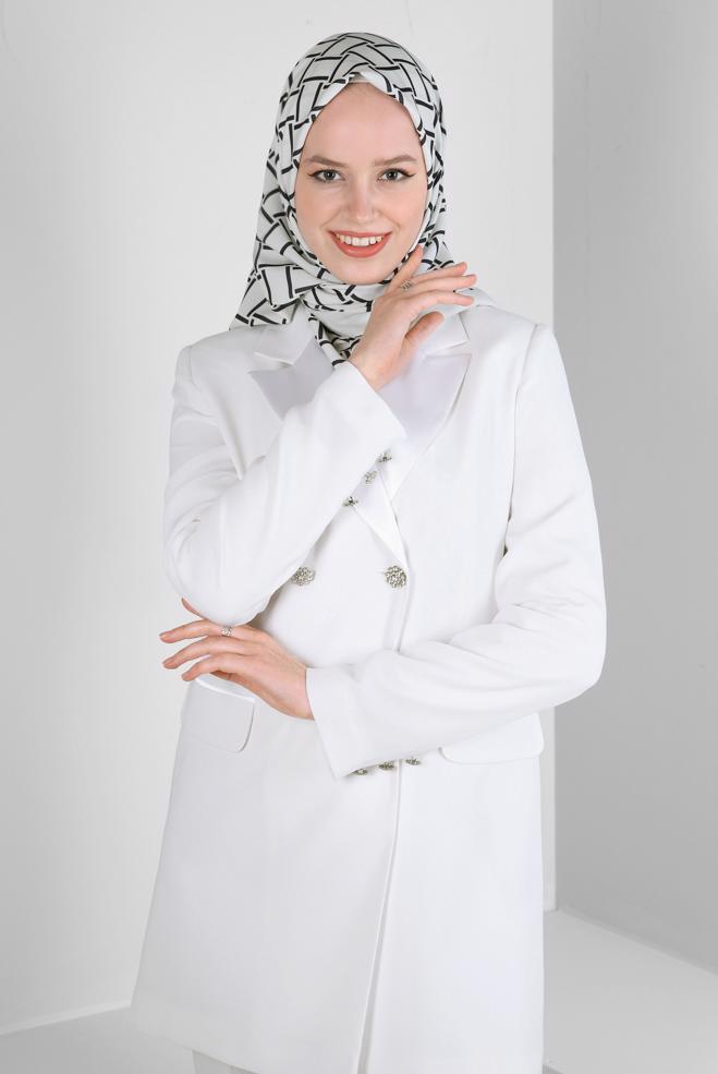 Tesettür giyim BEYAZ KRUVAZE YAKA KLASİK İKİLİ PANTOLONLU TAKIM 30321 - ALVİNA