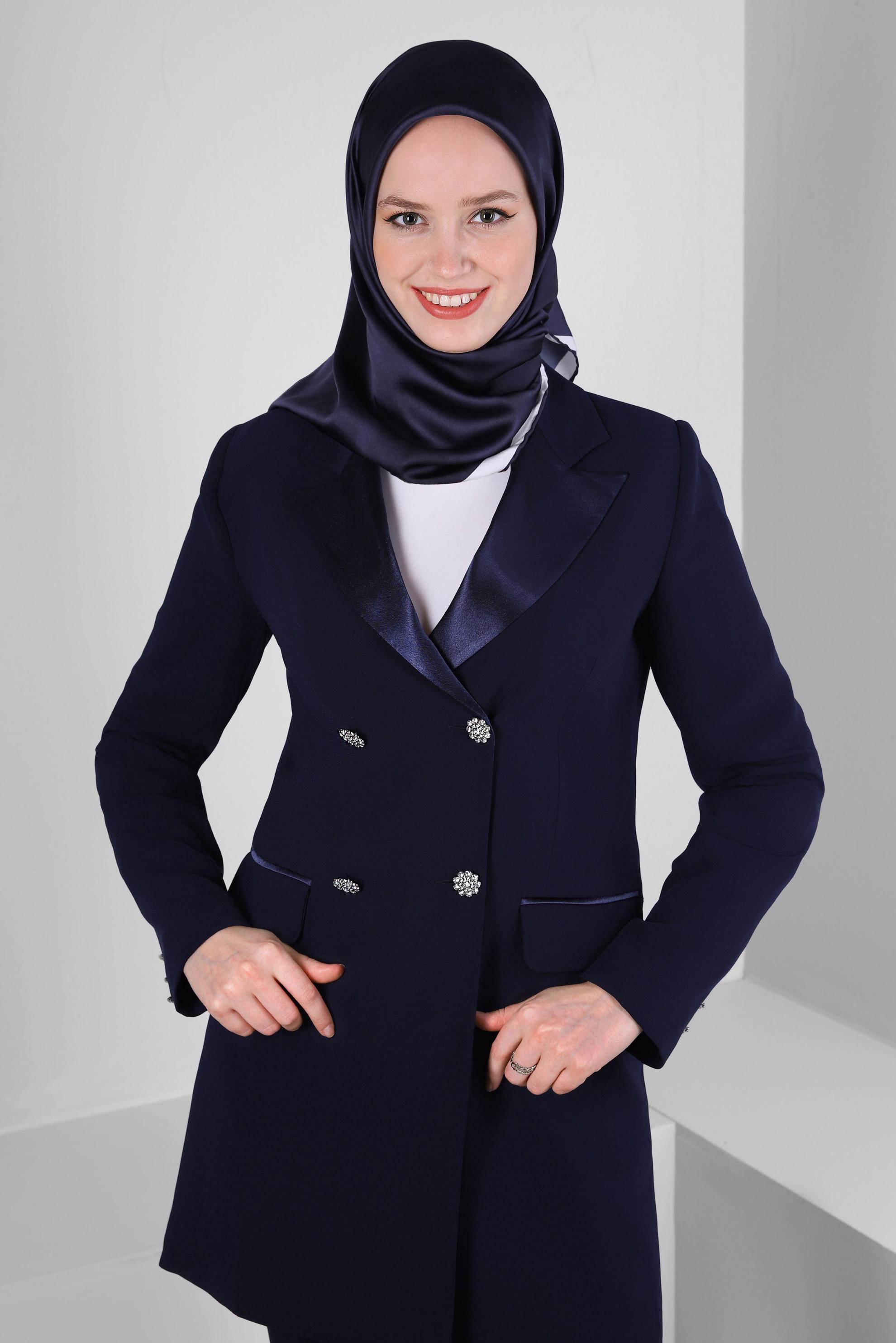 Tesettür giyim LACİVERT KRUVAZE YAKA KLASİK İKİLİ PANTOLONLU TAKIM 30321