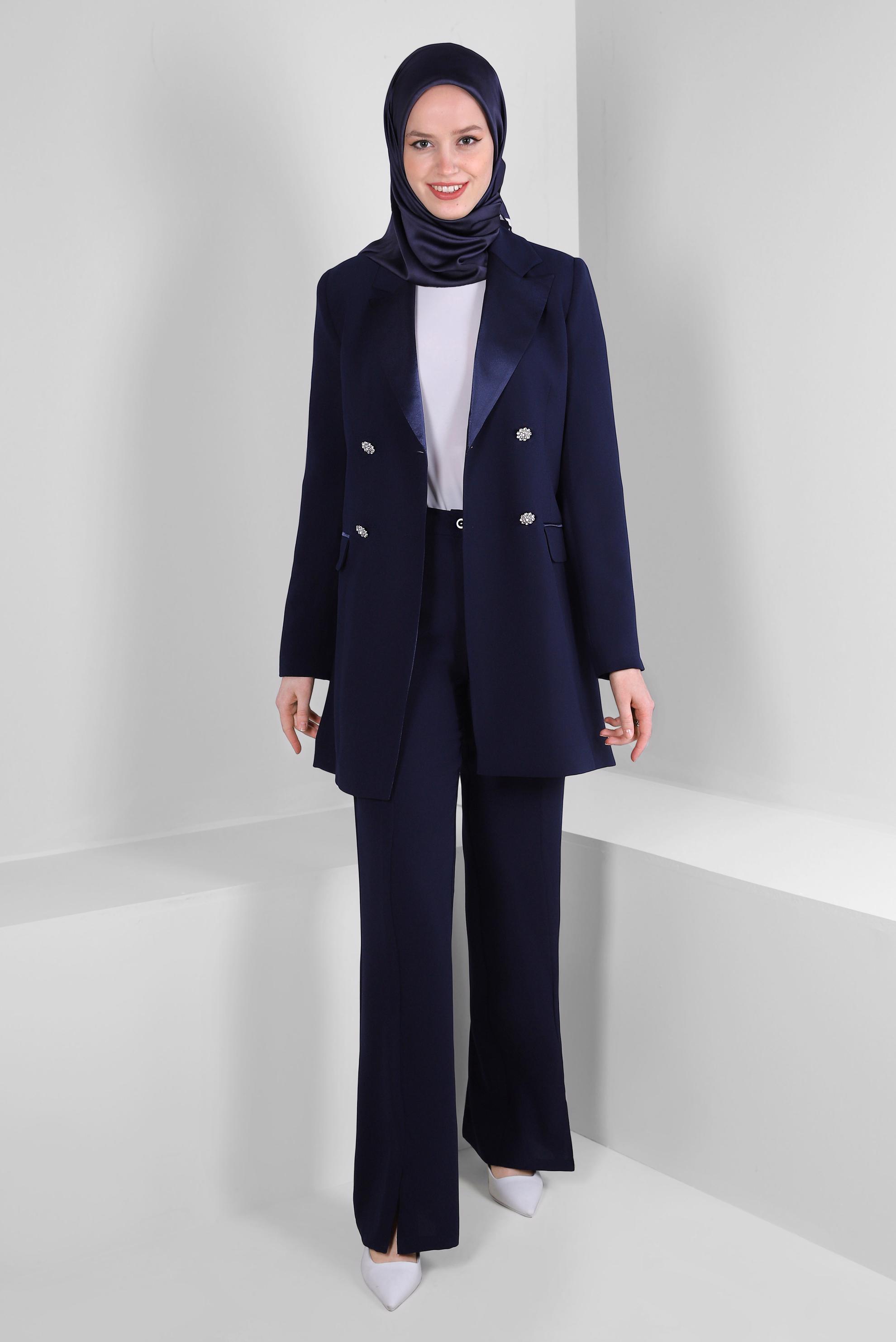 Tesettür giyim LACİVERT KRUVAZE YAKA KLASİK İKİLİ PANTOLONLU TAKIM 30321