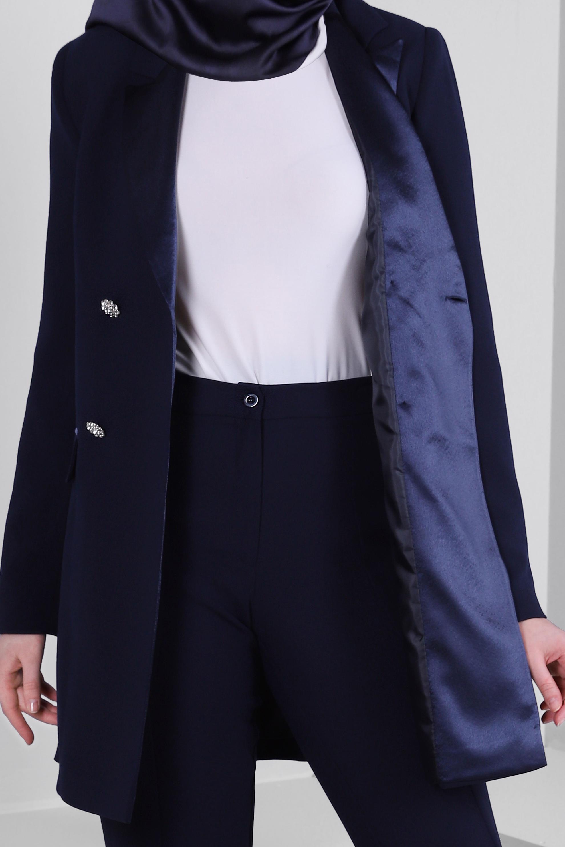 Tesettür giyim LACİVERT KRUVAZE YAKA KLASİK İKİLİ PANTOLONLU TAKIM 30321