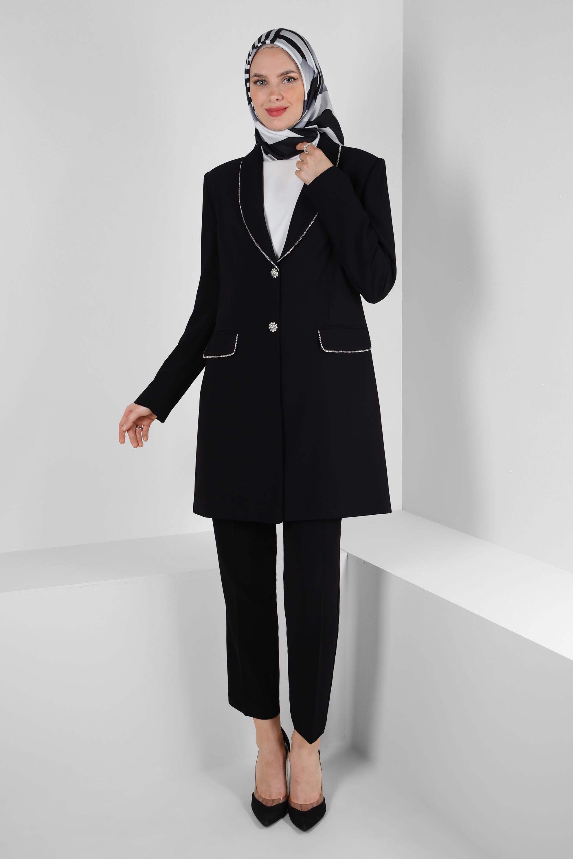 Tesettür giyim SİYAH TAŞ ŞERİTLİ KLASİK PANTOLONLU TAKIM 30322