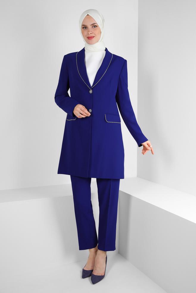 Tesettür giyim MAVİ TAŞ ŞERİTLİ KLASİK PANTOLONLU TAKIM 30322 - ALVİNA