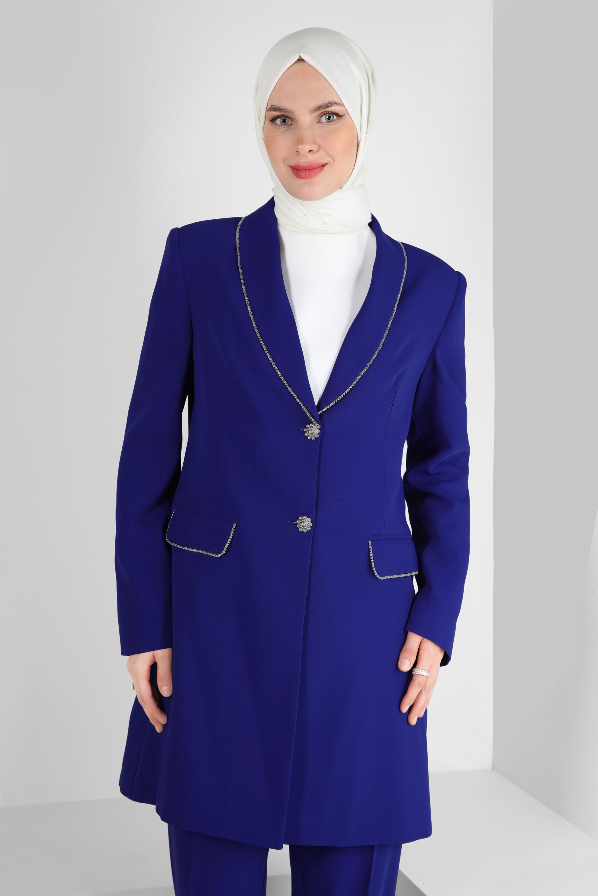 Tesettür giyim MAVİ TAŞ ŞERİTLİ KLASİK PANTOLONLU TAKIM 30322