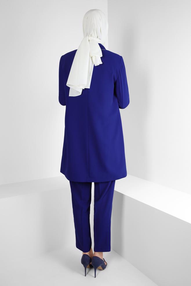 Tesettür giyim MAVİ TAŞ ŞERİTLİ KLASİK PANTOLONLU TAKIM 30322 - ALVİNA