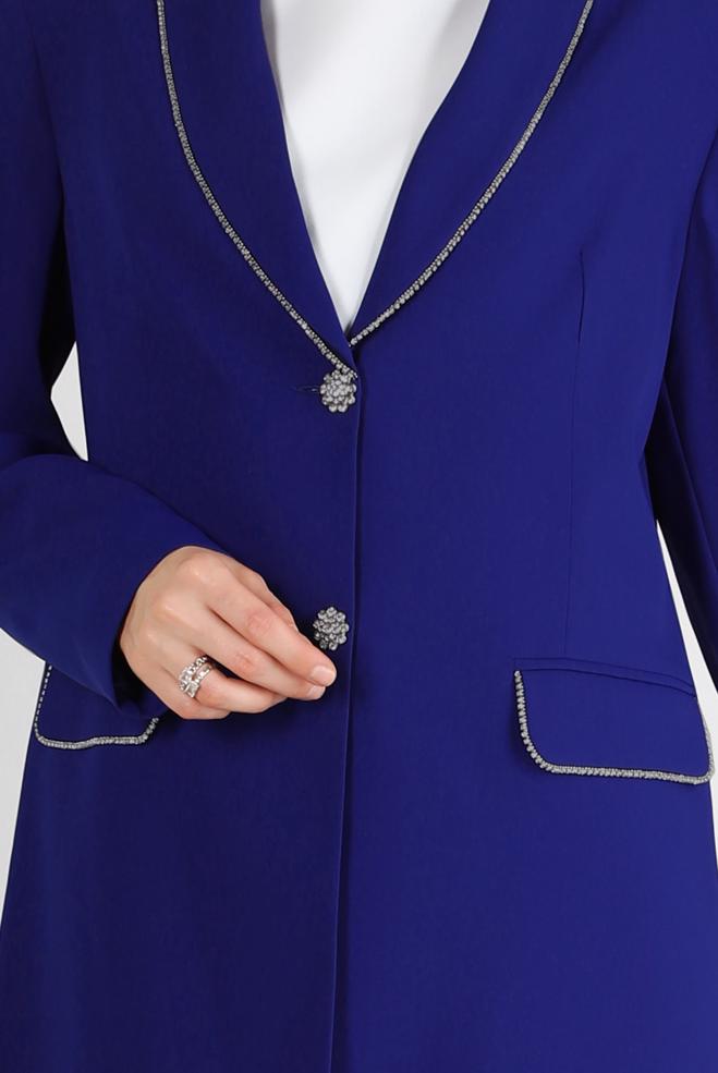 Tesettür giyim MAVİ TAŞ ŞERİTLİ KLASİK PANTOLONLU TAKIM 30322 - ALVİNA