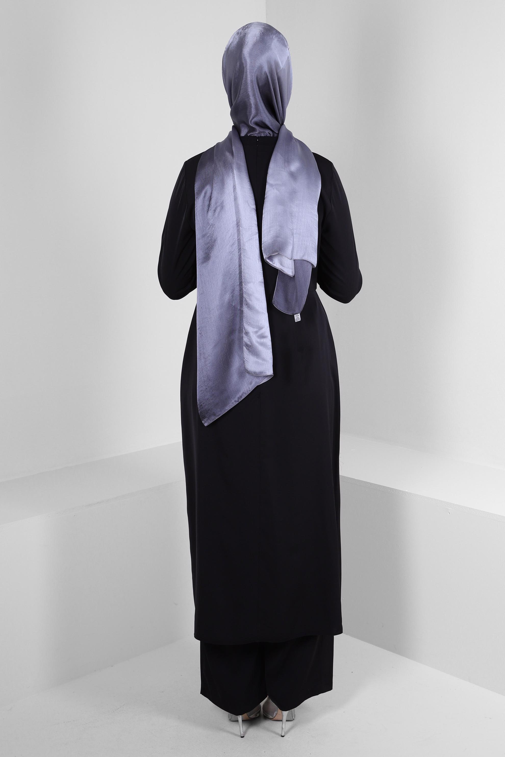 Tesettür giyim SİYAH ASİMETRİK KESİM TAŞ DETAYLI İKİLİ PANTOLONLU TAKIM 30324