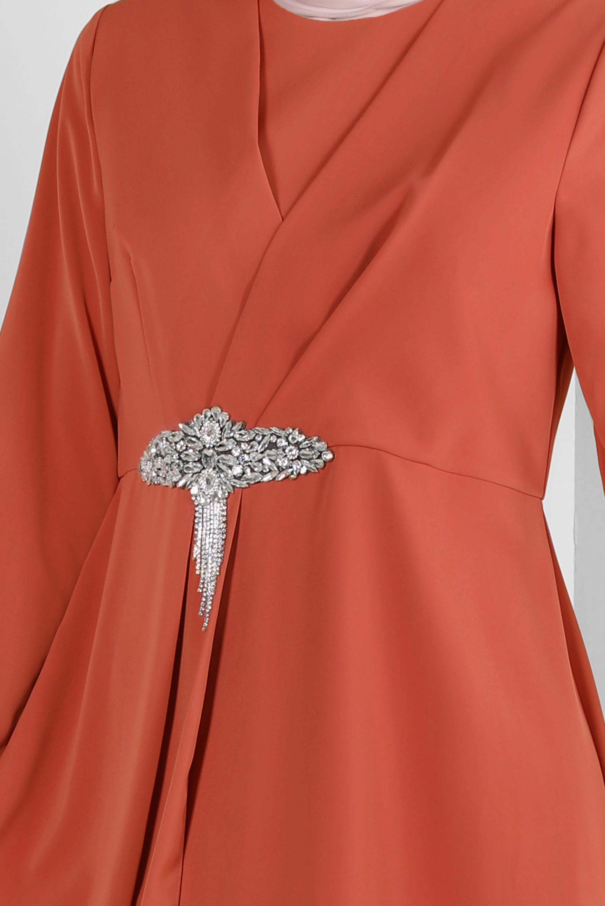 Tesettür giyim TURUNCU ASİMETRİK KESİM TAŞ DETAYLI İKİLİ PANTOLONLU TAKIM 30324