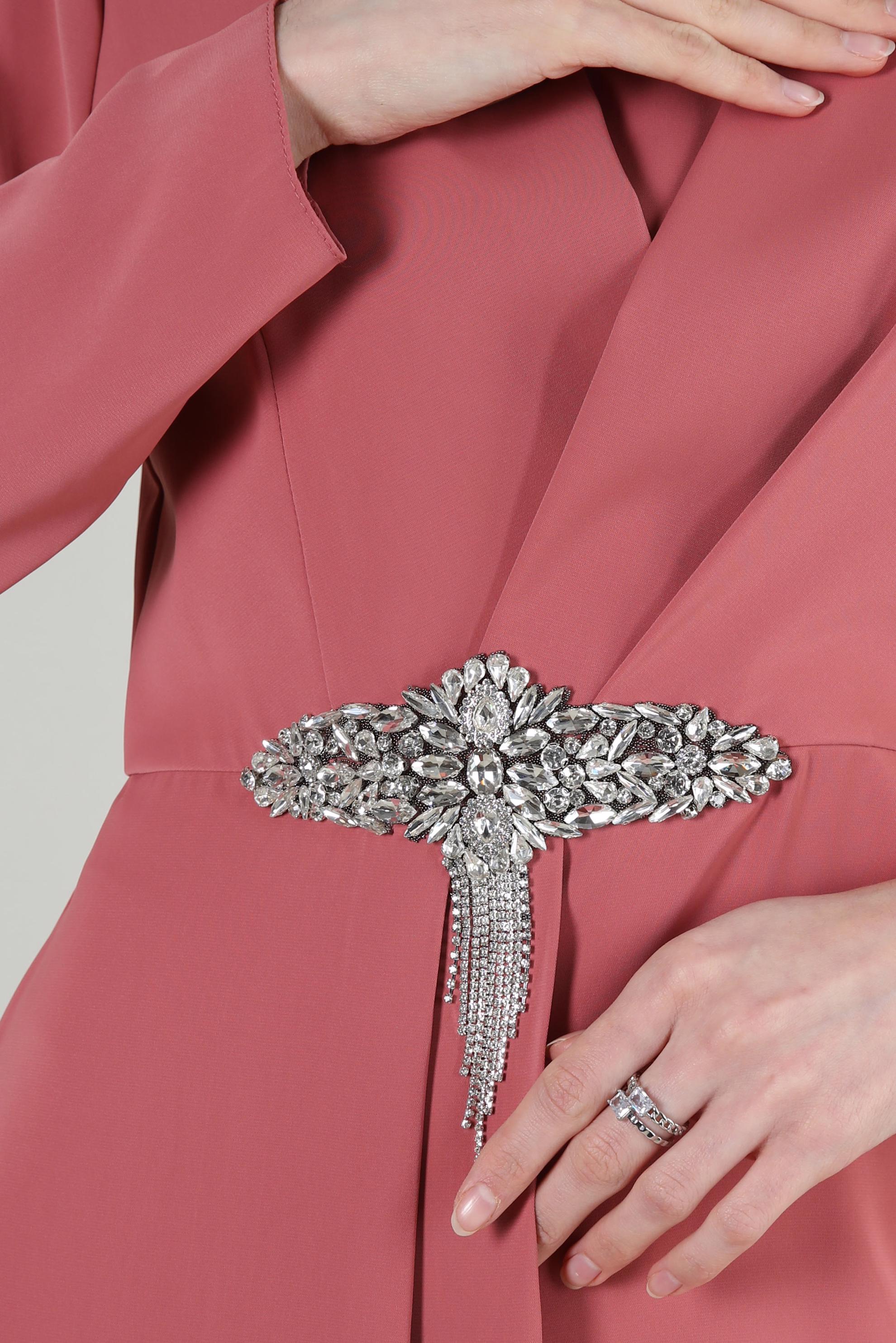 Tesettür giyim PEMBE ASİMETRİK KESİM TAŞ DETAYLI İKİLİ PANTOLONLU TAKIM 30324