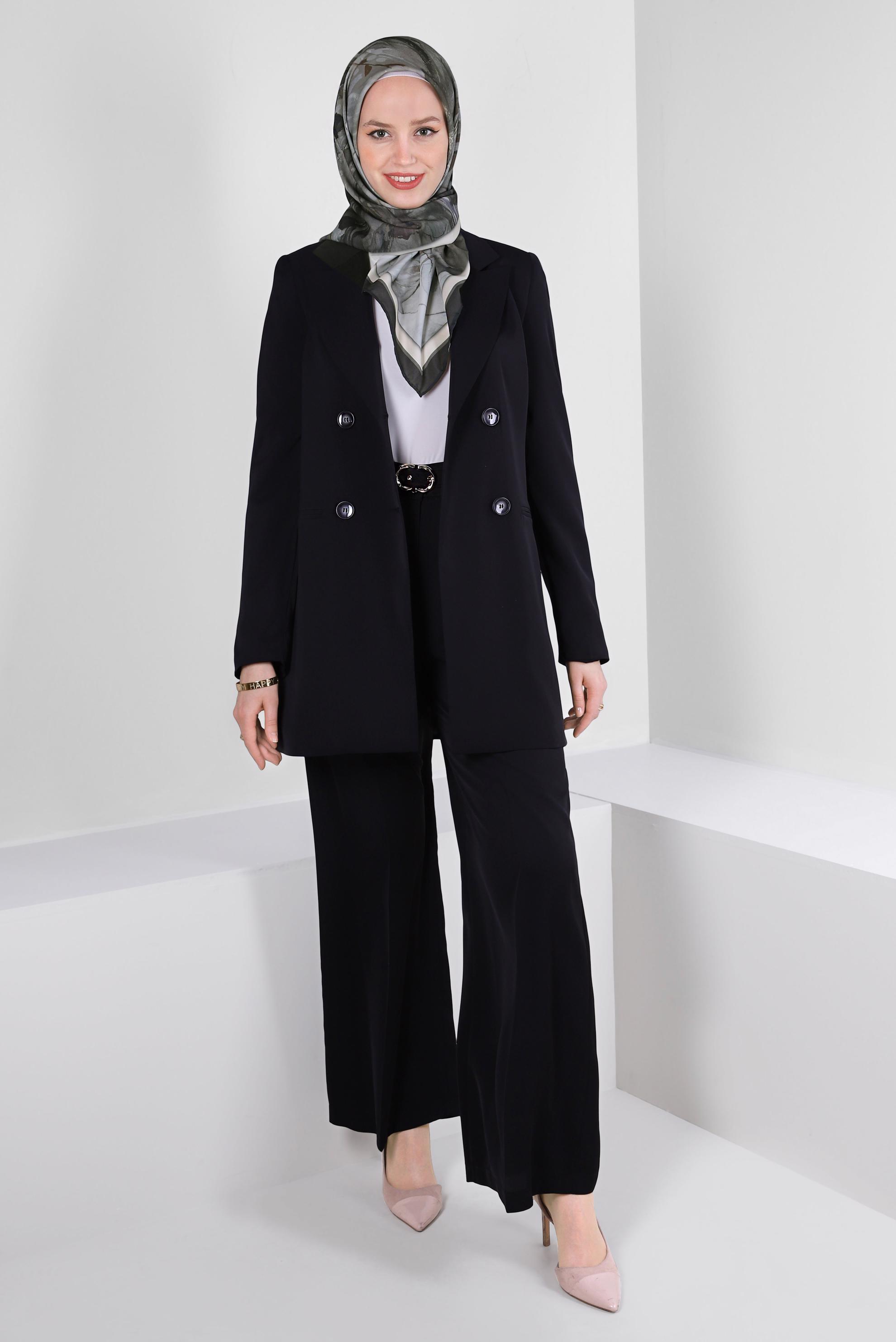 Tesettür giyim SİYAH İSPANYOL PAÇA KLASİK İKİLİ PANTOLONLU TAKIM 30325