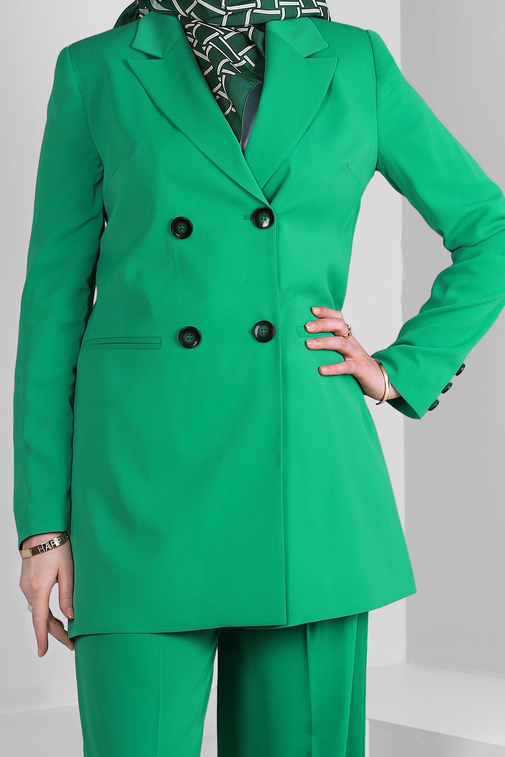 Tesettür giyim YEŞİL İSPANYOL PAÇA KLASİK İKİLİ PANTOLONLU TAKIM 30325