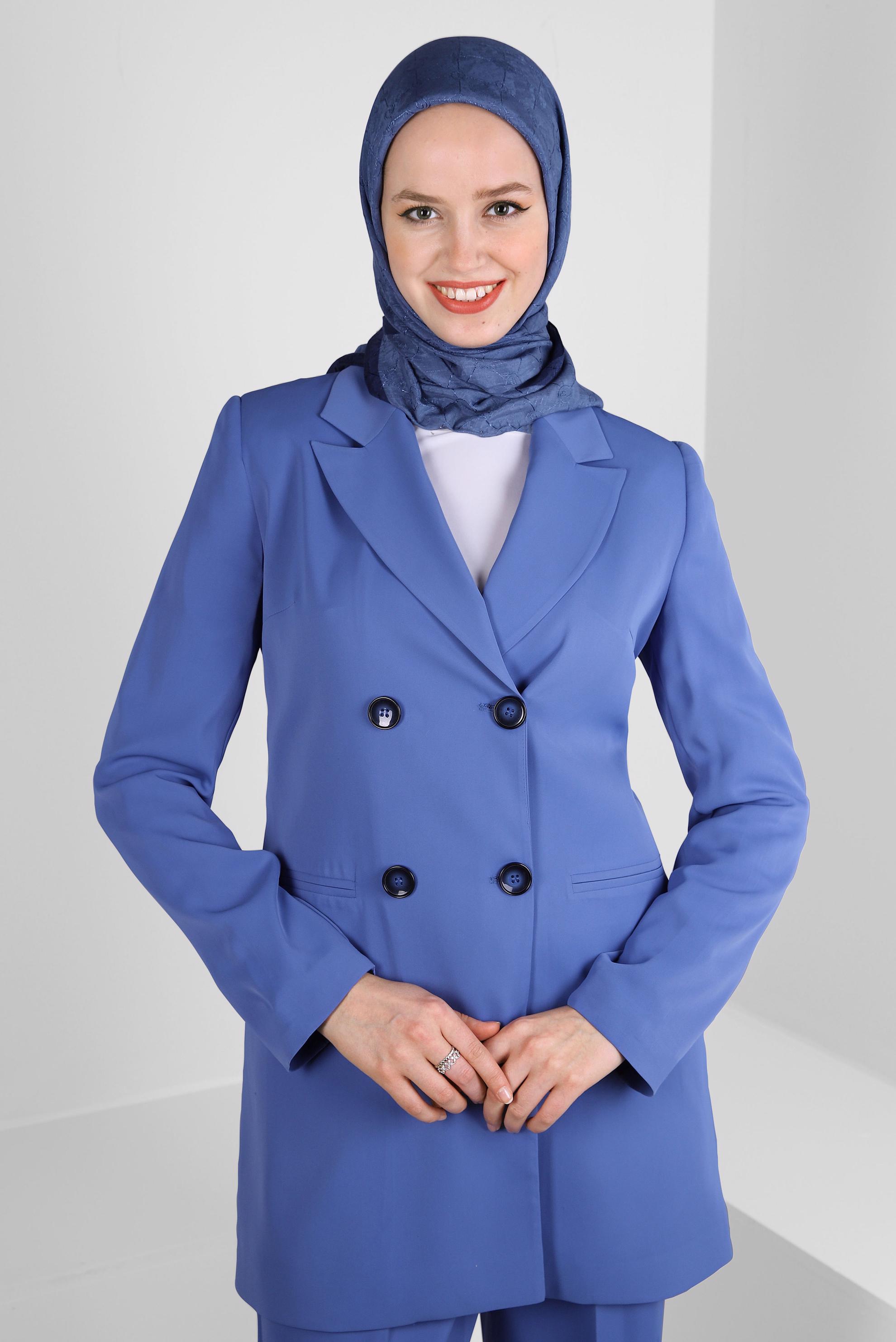 Tesettür giyim LACİVERT İSPANYOL PAÇA KLASİK İKİLİ PANTOLONLU TAKIM 30325