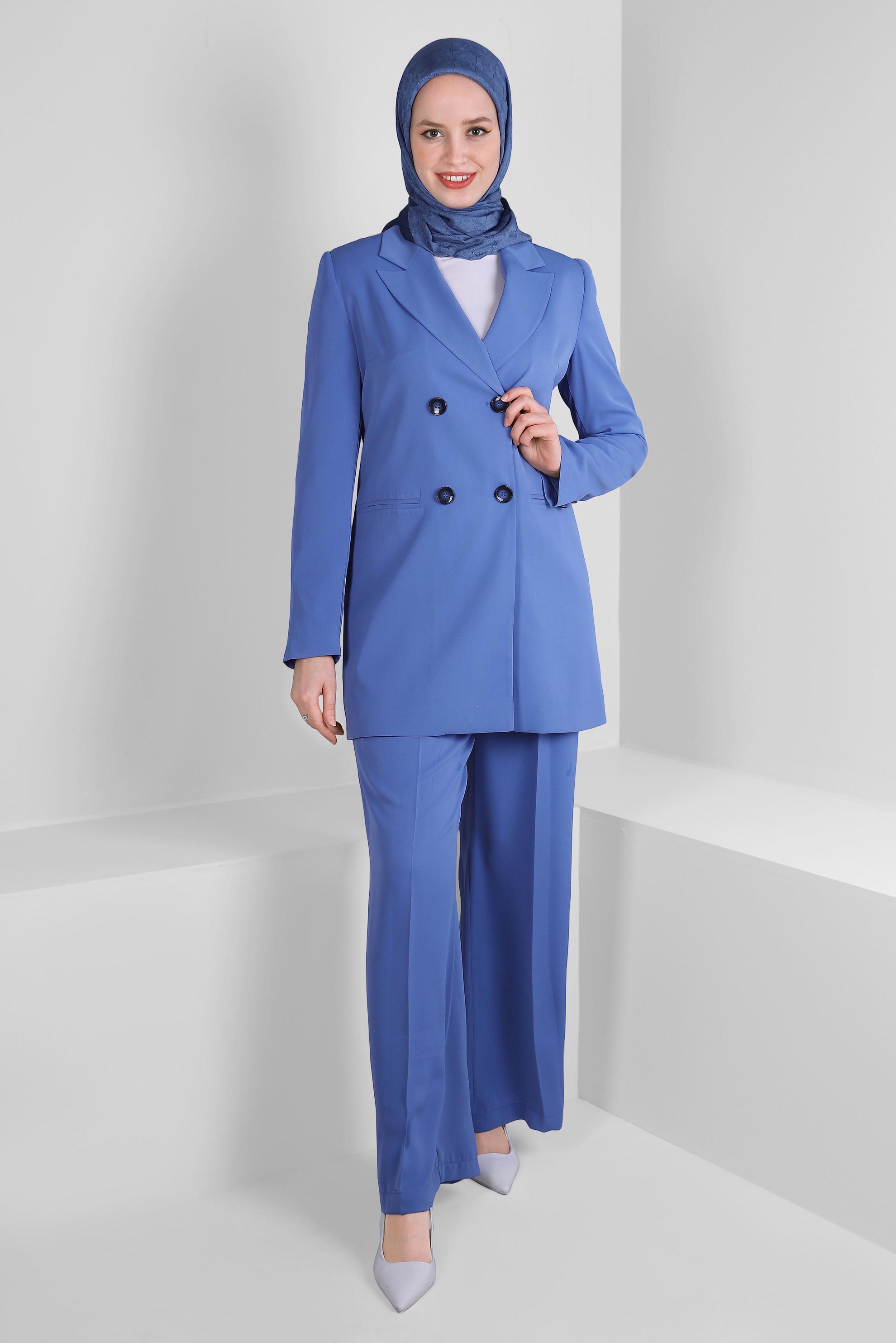 Tesettür giyim LACİVERT İSPANYOL PAÇA KLASİK İKİLİ PANTOLONLU TAKIM 30325