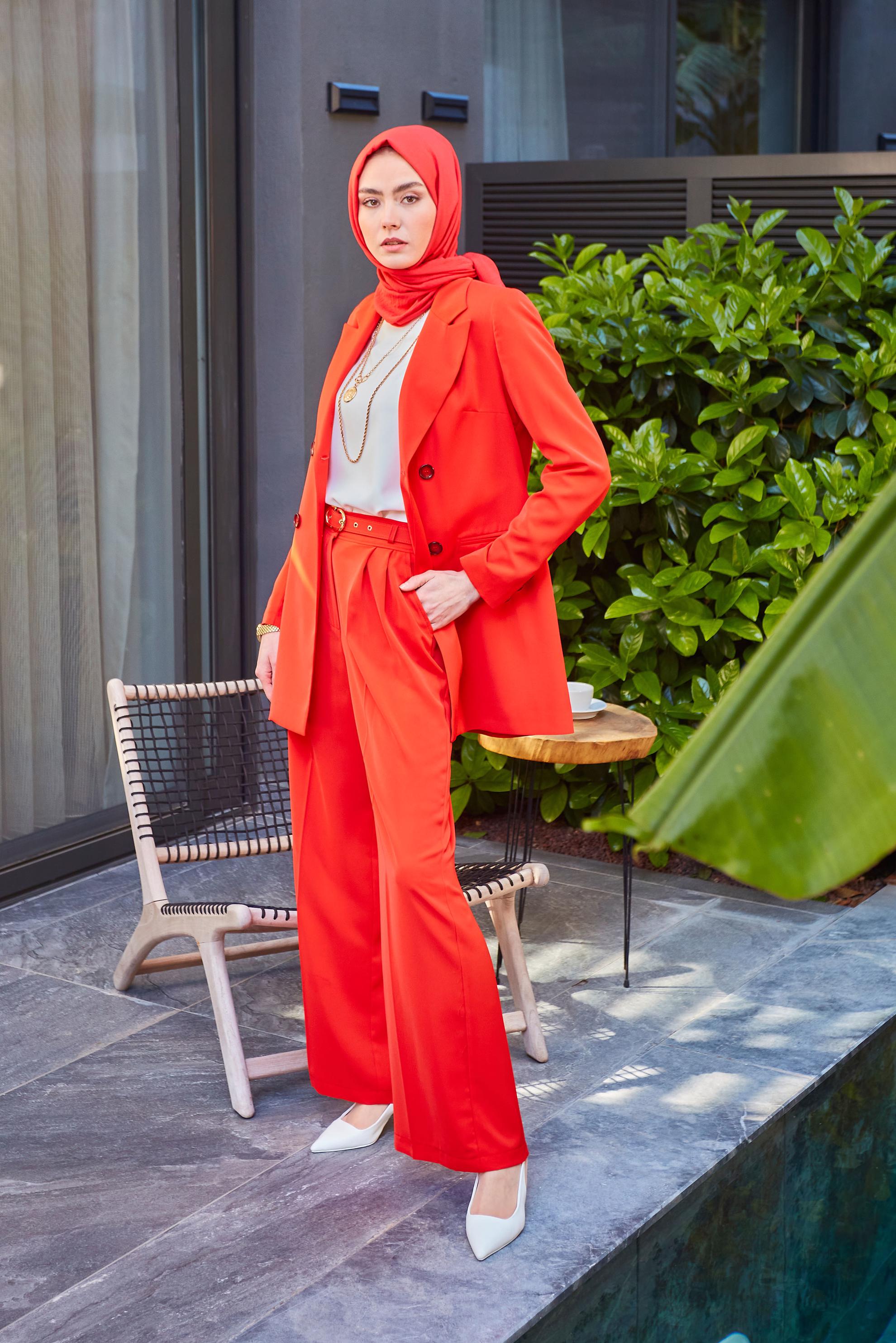 Tesettür giyim KIRMIZI İSPANYOL PAÇA KLASİK İKİLİ PANTOLONLU TAKIM 30325