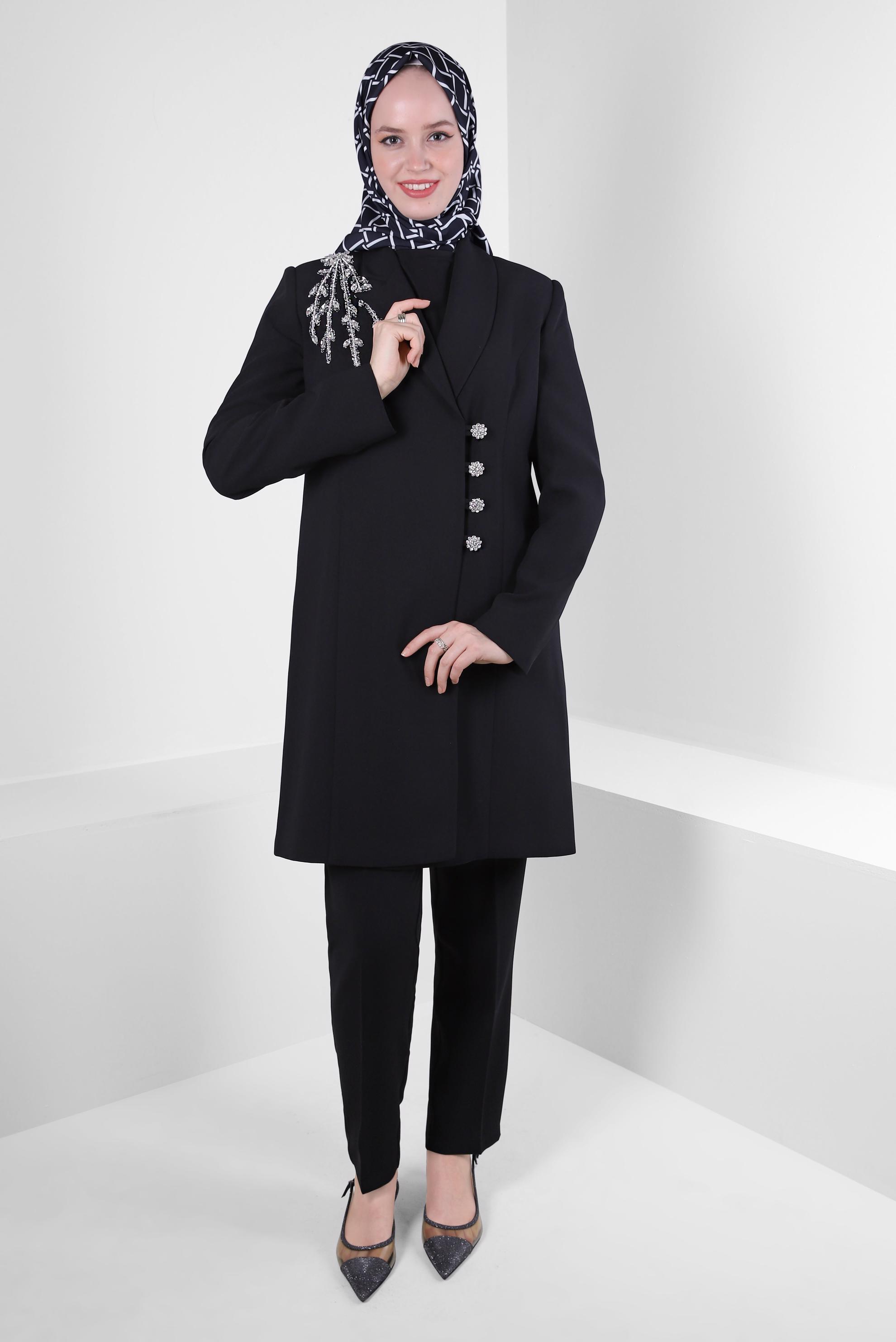 Tesettür giyim SİYAH TAŞ BASKILI PANTOLONLU TAKIM 30326