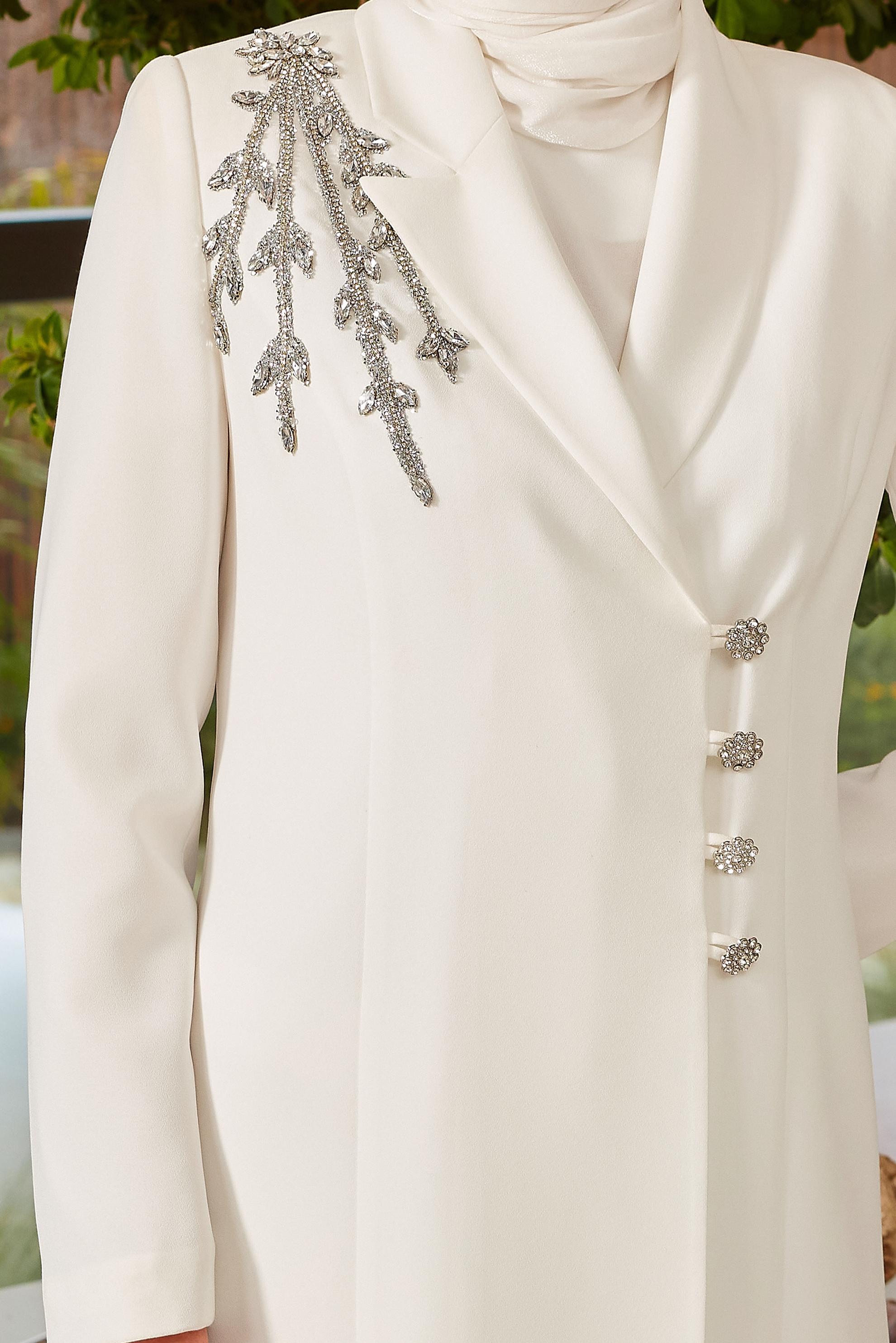 Tesettür giyim BEYAZ TAŞ BASKILI PANTOLONLU TAKIM 30326