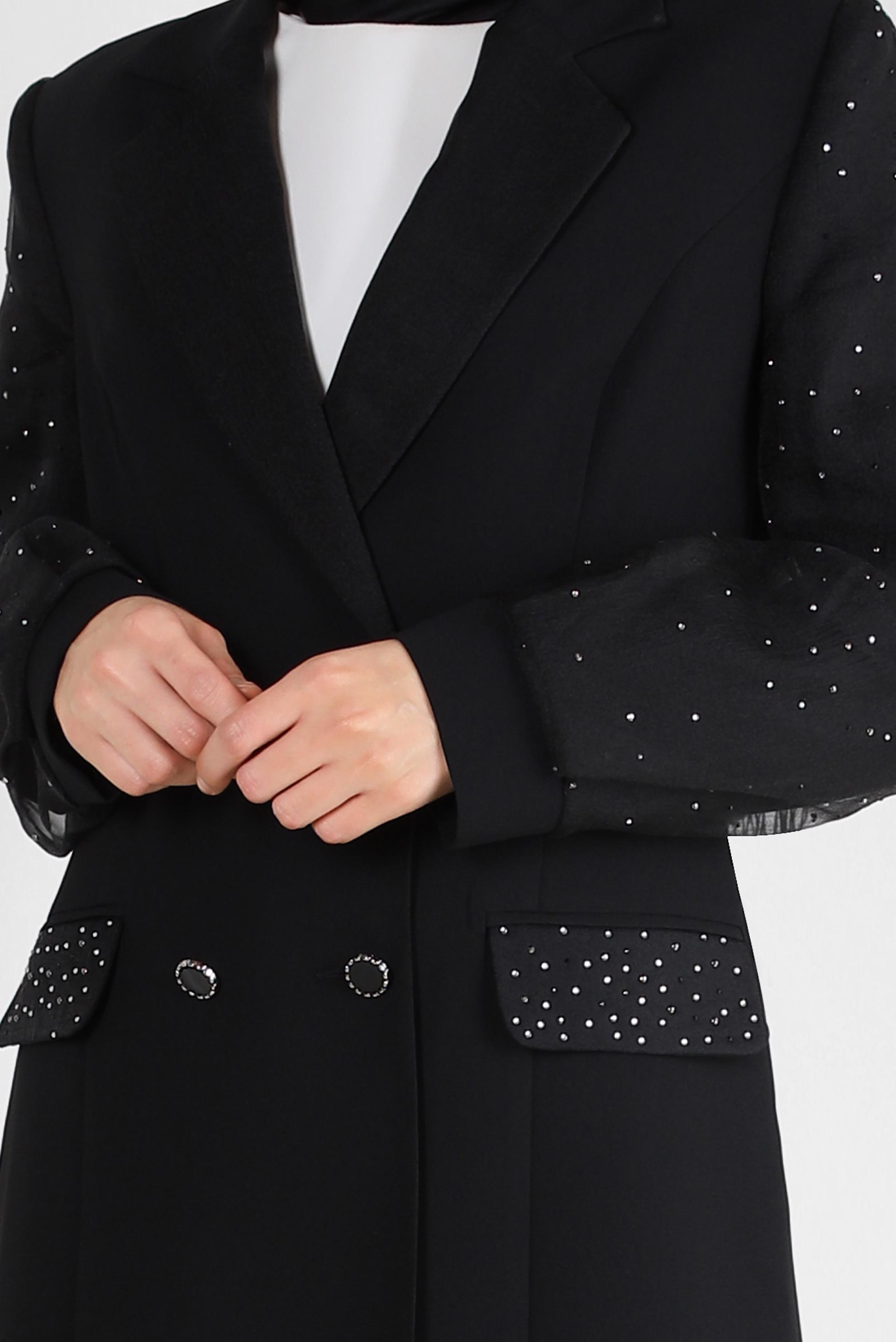 Tesettür giyim SİYAH TAŞ BASKILI KREP İKİLİ PANTOLONLU TAKIM 30329