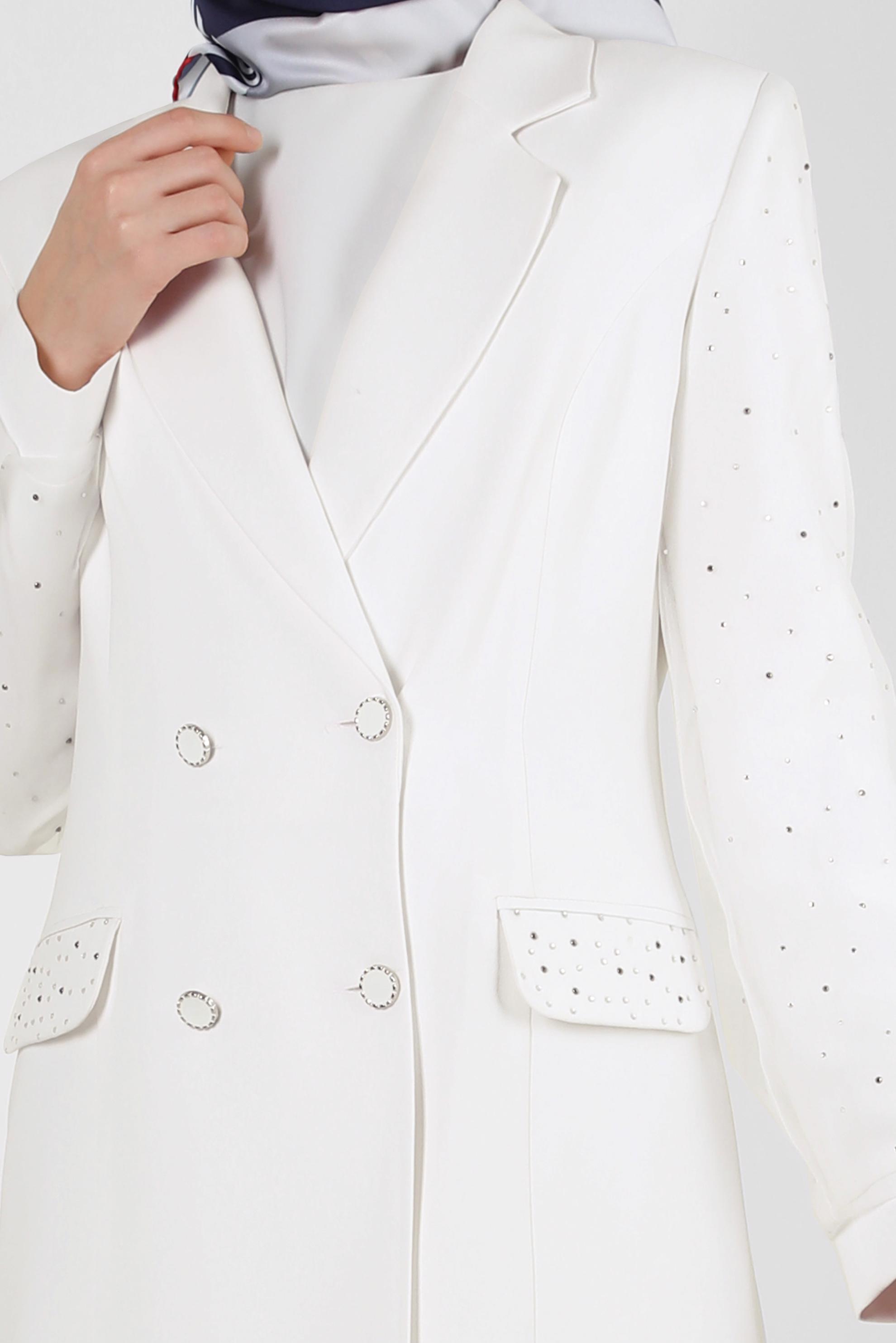 Tesettür giyim BEYAZ TAŞ BASKILI KREP İKİLİ PANTOLONLU TAKIM 30329