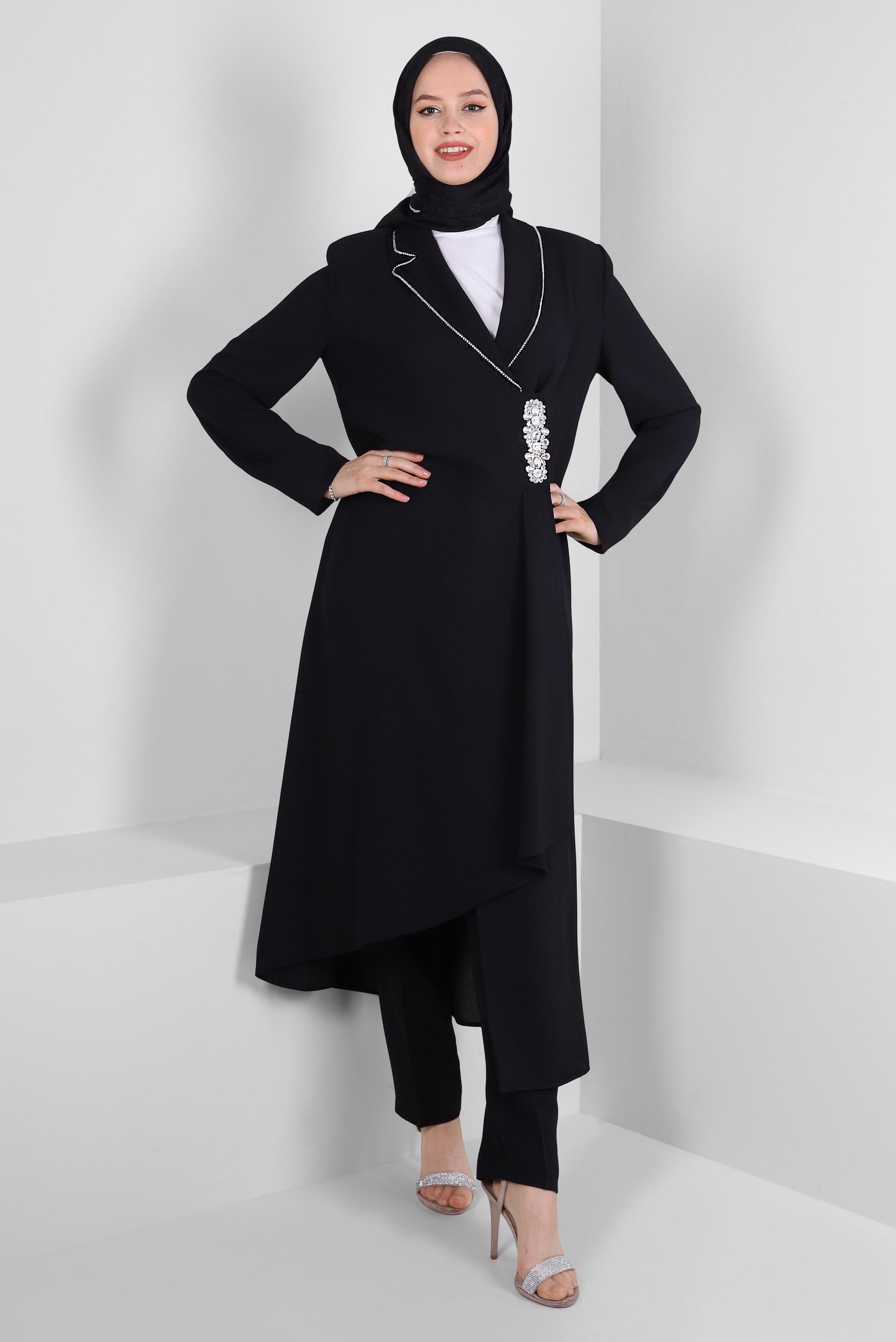 Tesettür giyim SİYAH TAŞ DETAYLI KREP İKİLİ PANTOLONLU TAKIM 30332