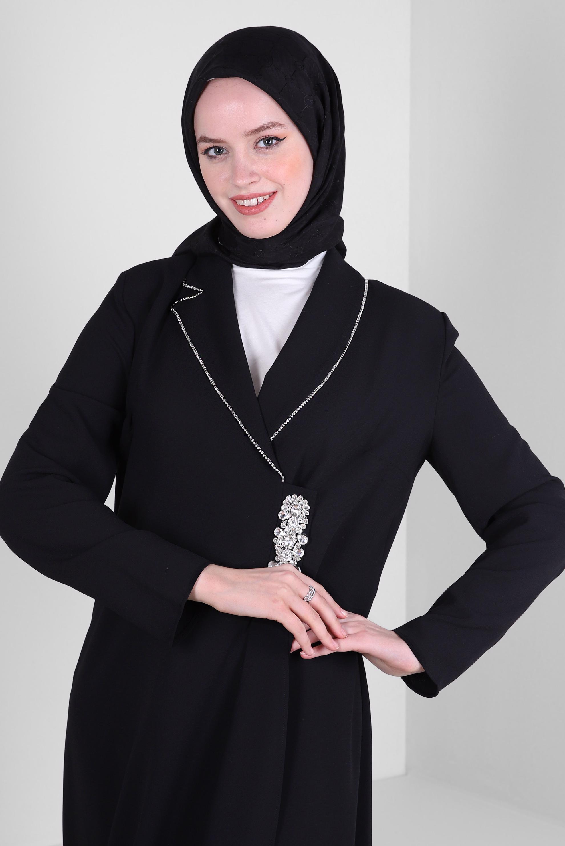 Tesettür giyim SİYAH TAŞ DETAYLI KREP İKİLİ PANTOLONLU TAKIM 30332