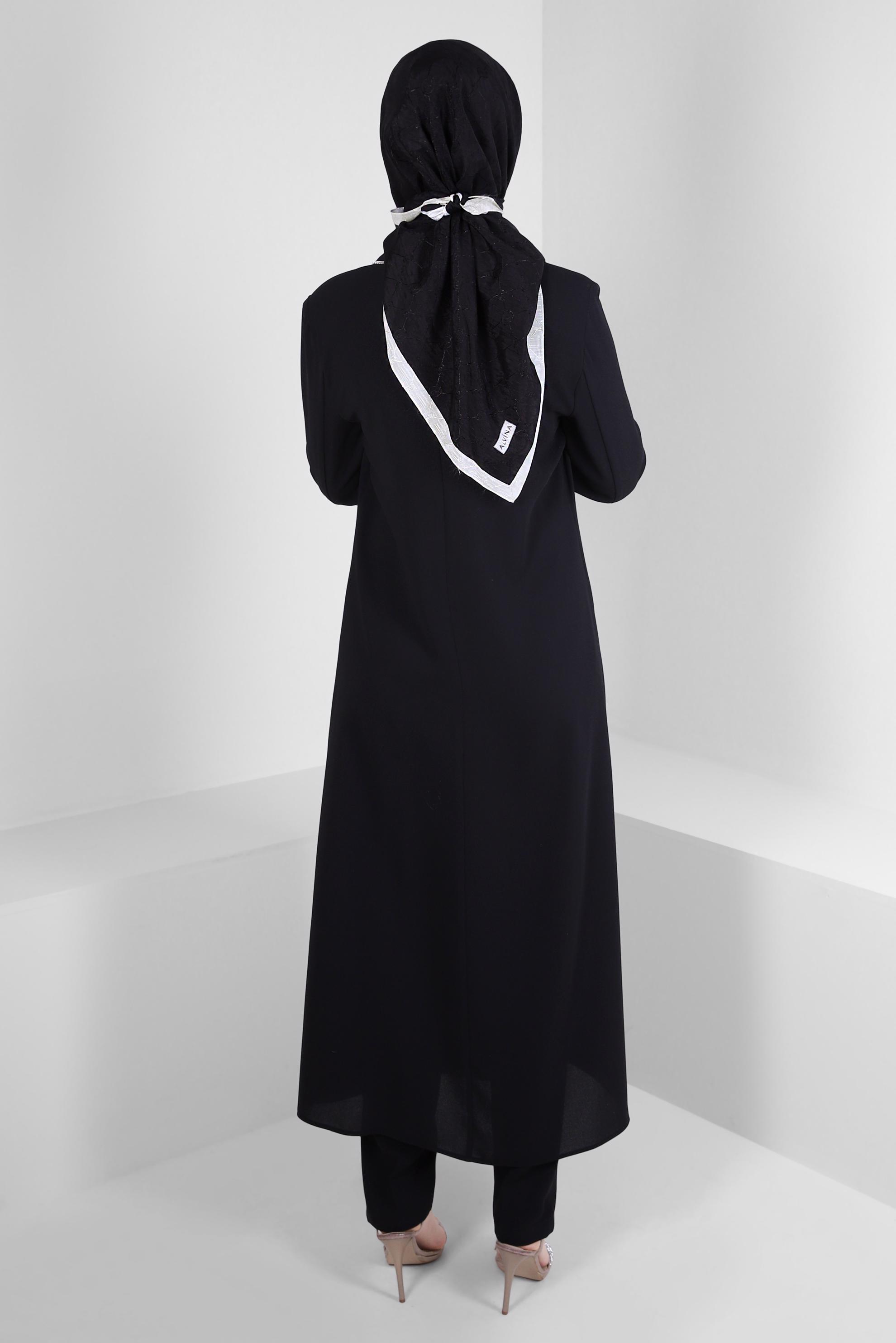 Tesettür giyim SİYAH TAŞ DETAYLI KREP İKİLİ PANTOLONLU TAKIM 30332