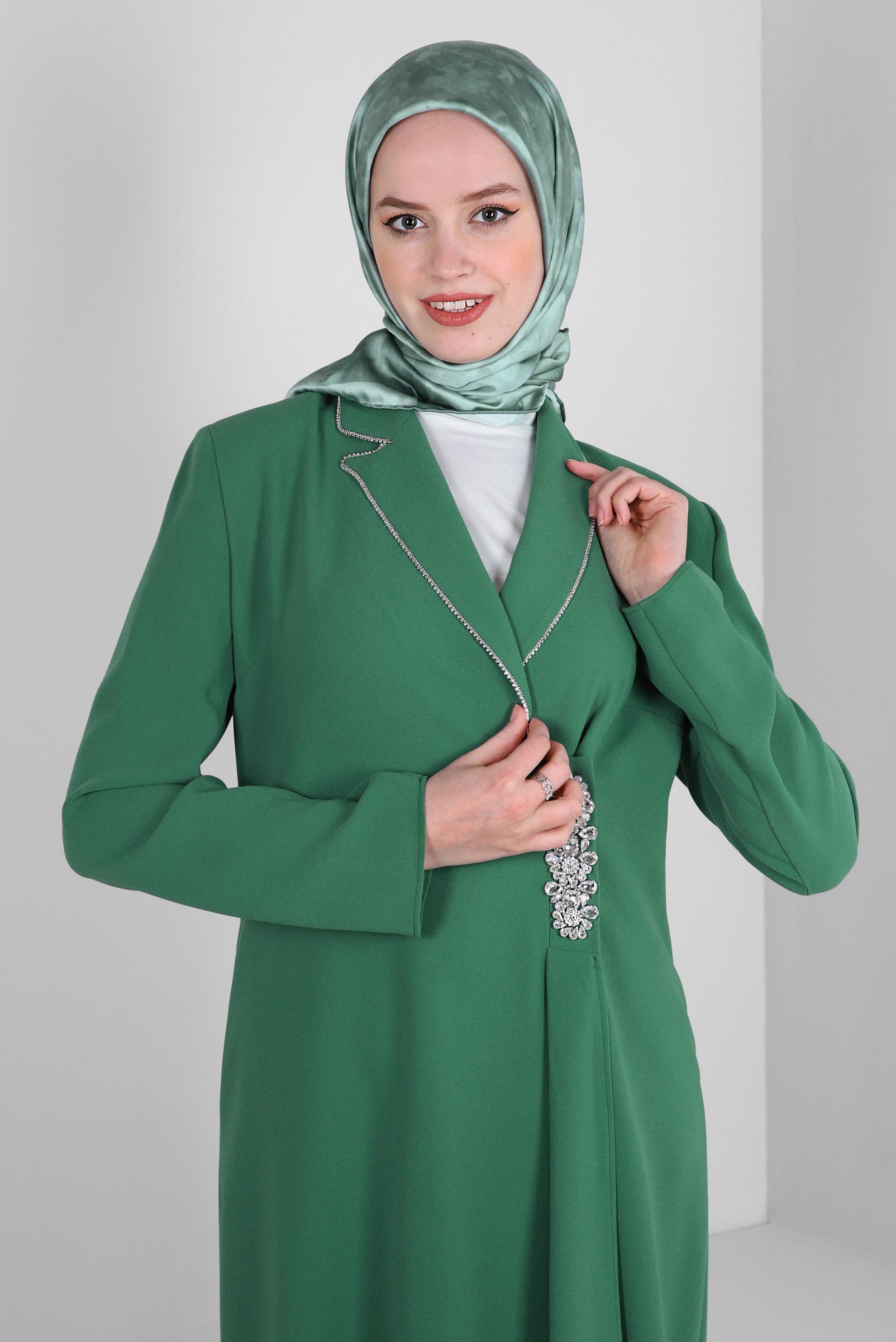 Tesettür giyim YEŞİL TAŞ DETAYLI KREP İKİLİ PANTOLONLU TAKIM 30332
