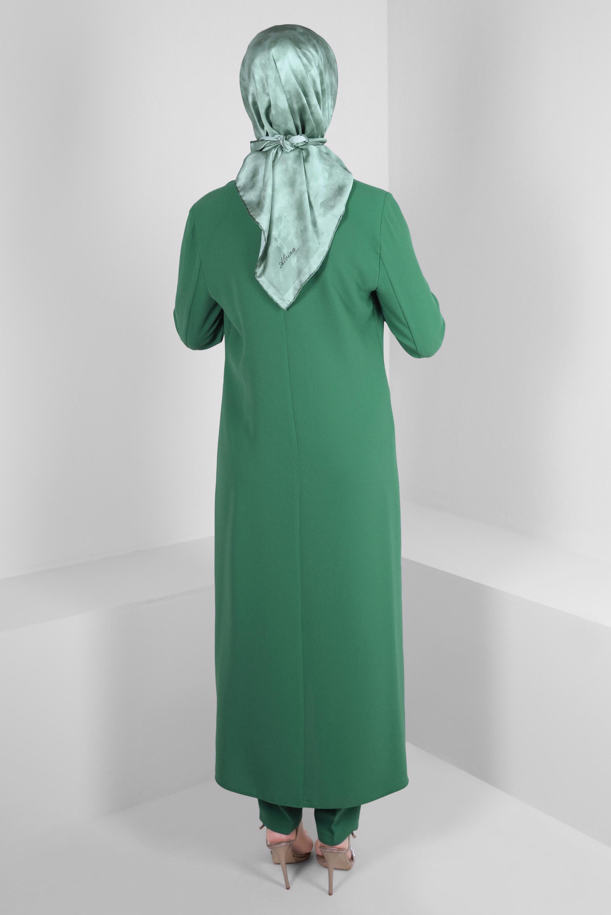 Tesettür giyim YEŞİL TAŞ DETAYLI KREP İKİLİ PANTOLONLU TAKIM 30332