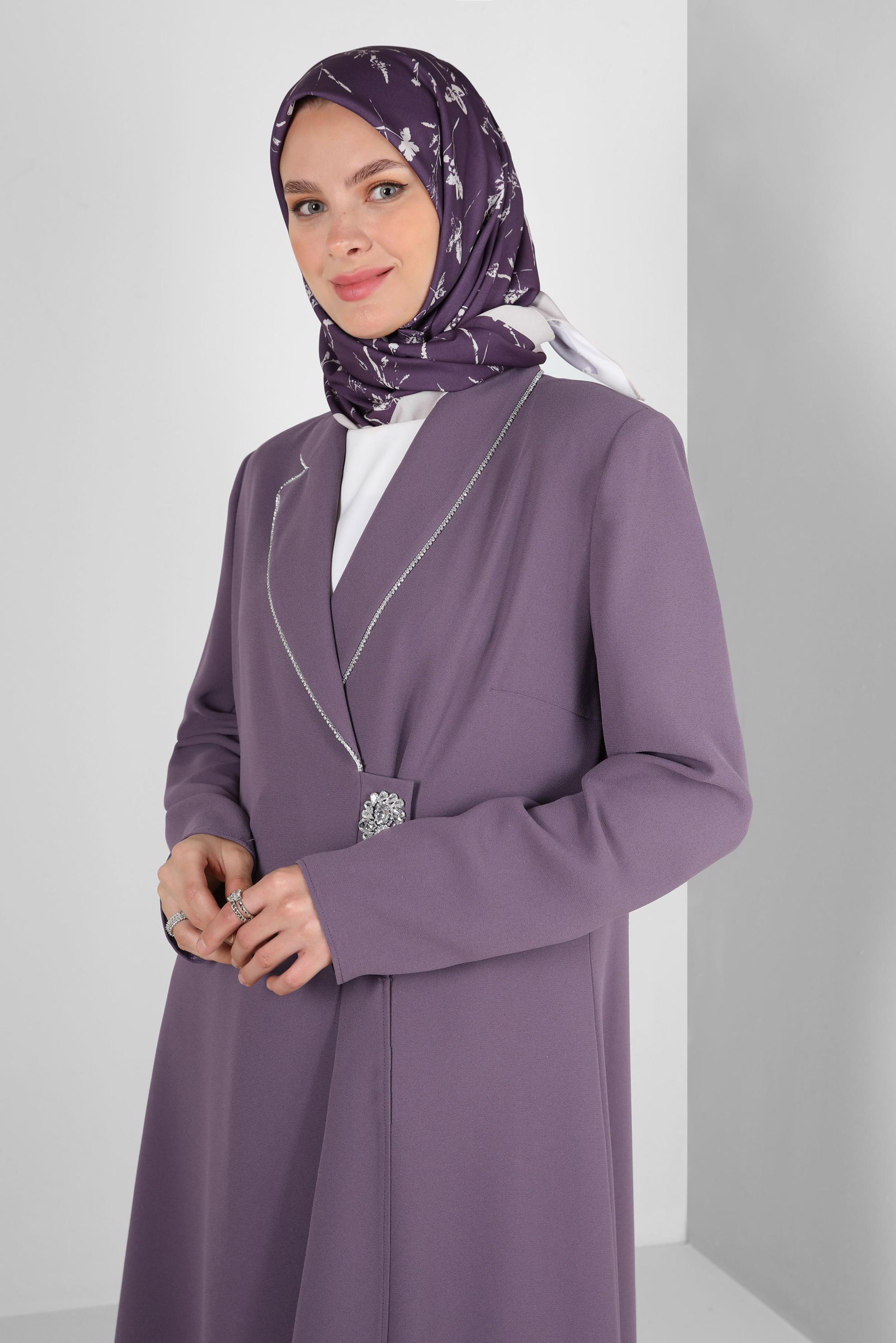 Tesettür giyim MOR TAŞ DETAYLI KREP İKİLİ PANTOLONLU TAKIM 30332