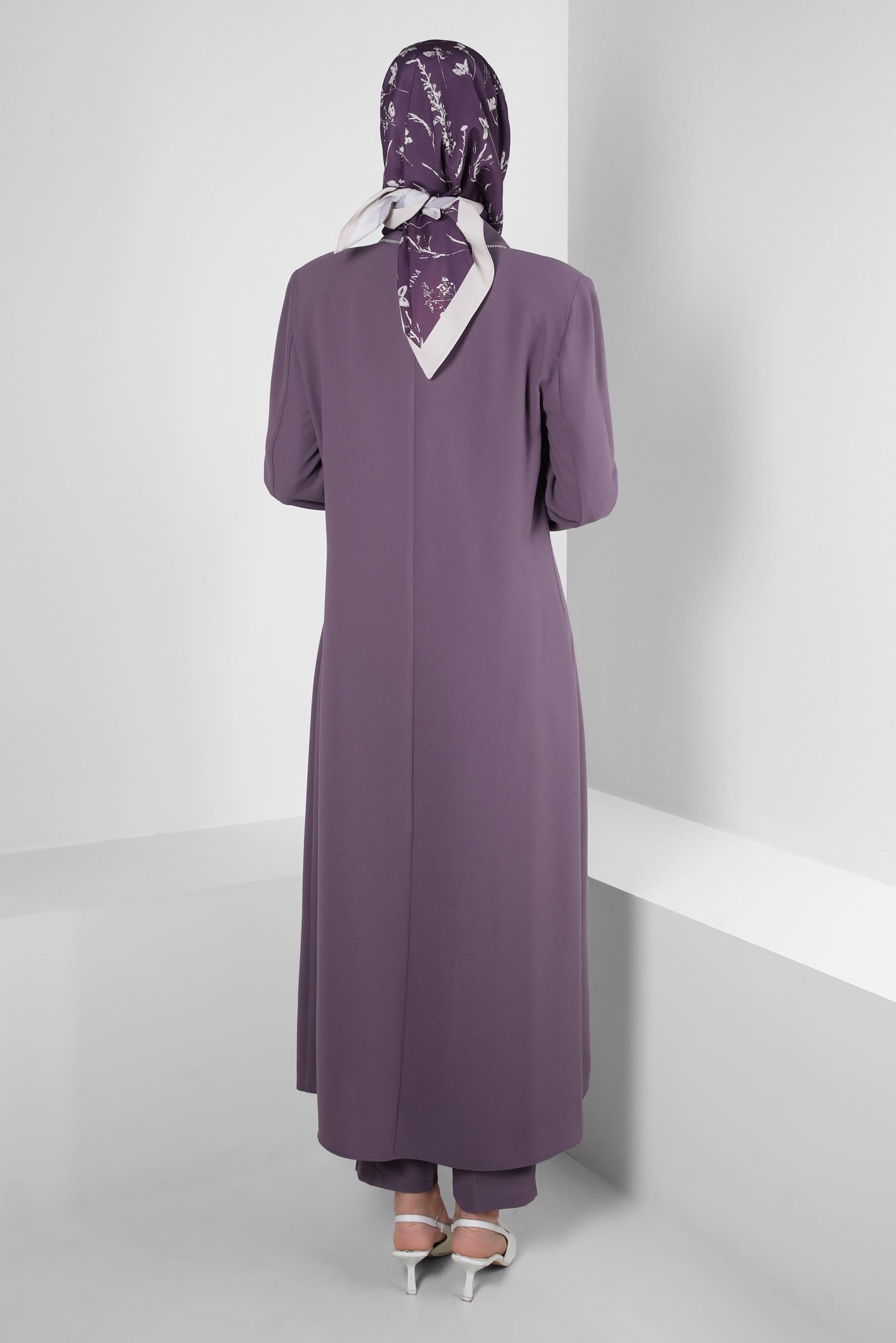 Tesettür giyim MOR TAŞ DETAYLI KREP İKİLİ PANTOLONLU TAKIM 30332