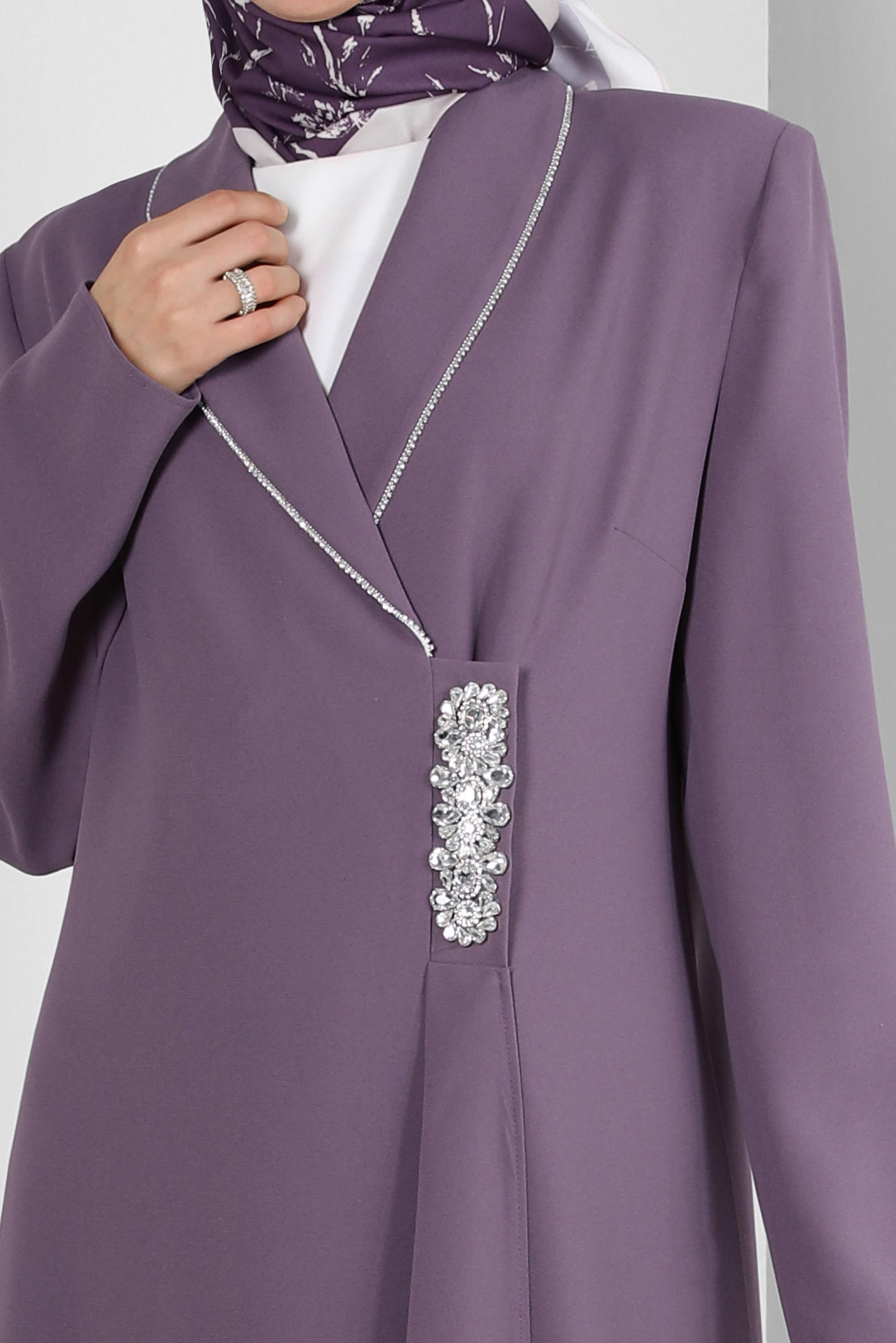 Tesettür giyim MOR TAŞ DETAYLI KREP İKİLİ PANTOLONLU TAKIM 30332