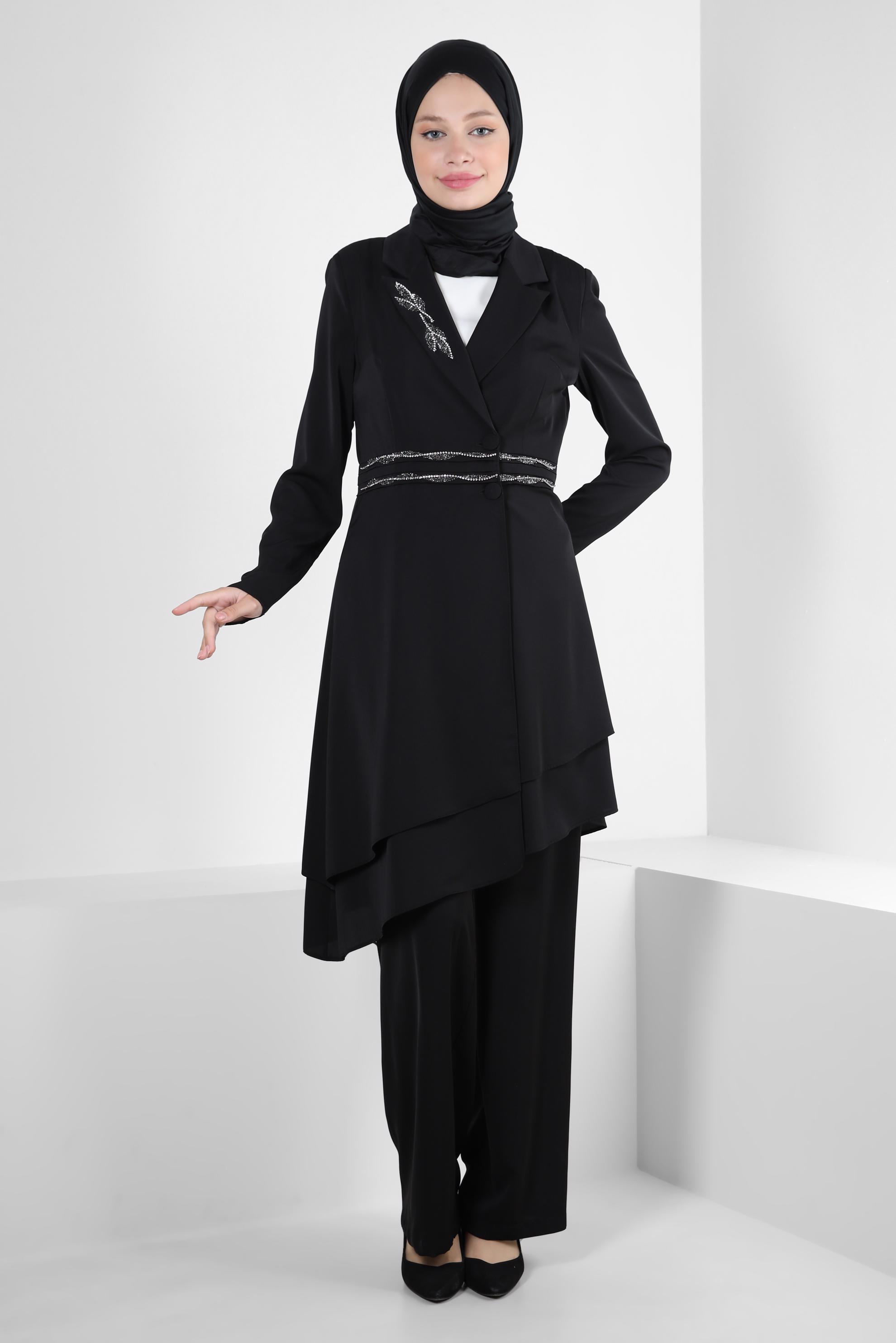Tesettür giyim SİYAH ASİMETRİK KESİM TAŞLI İKİLİ PANTOLONLU TAKIM 30333