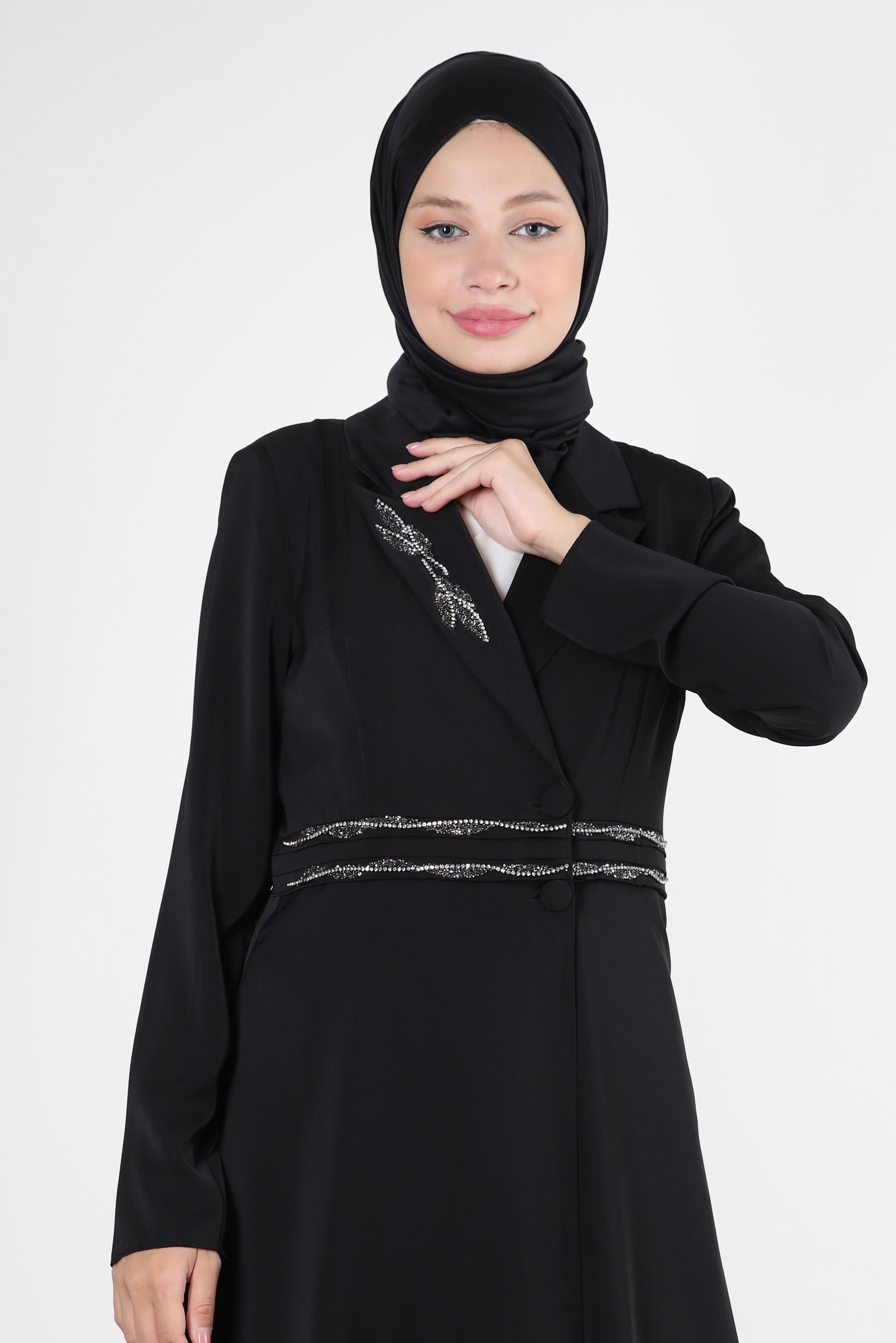 Tesettür giyim SİYAH ASİMETRİK KESİM TAŞLI İKİLİ PANTOLONLU TAKIM 30333