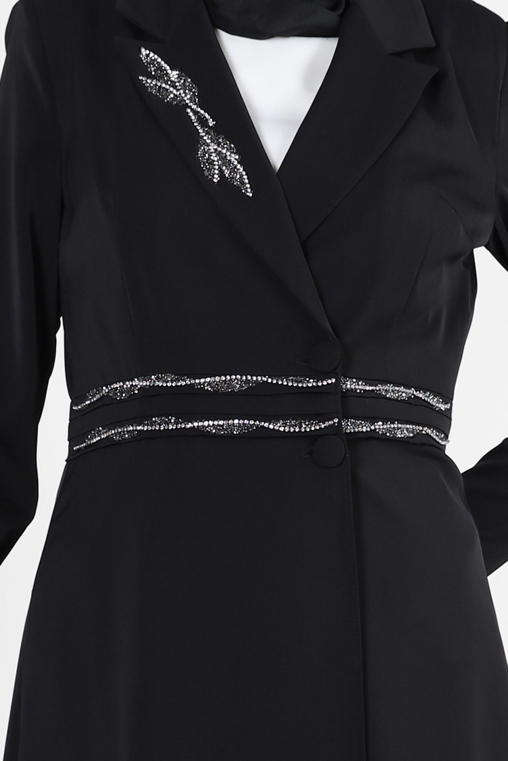 Tesettür giyim SİYAH ASİMETRİK KESİM TAŞLI İKİLİ PANTOLONLU TAKIM 30333