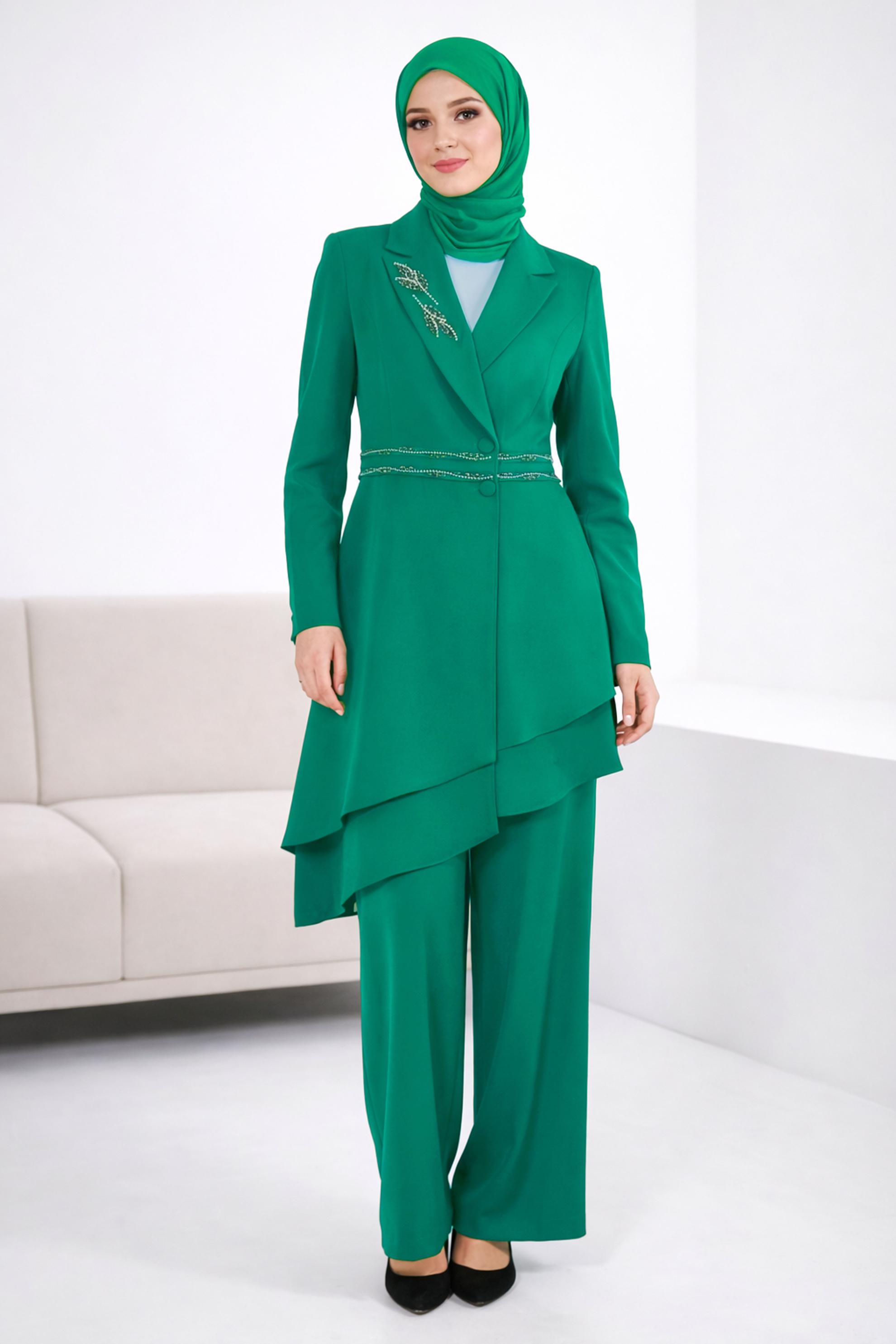 Hijab clothing GREEN ASYMMETRIC CUT 2-PIECE PANTS SUIT 30333