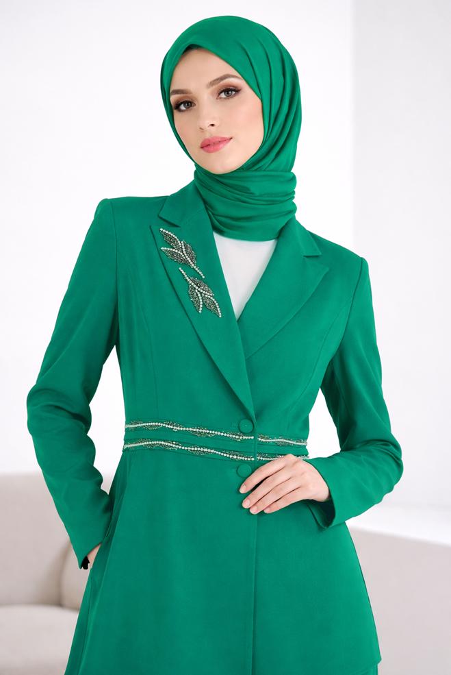 Hijab clothing GREEN ASYMMETRIC CUT 2-PIECE PANTS SUIT 30333 - ALVİNA