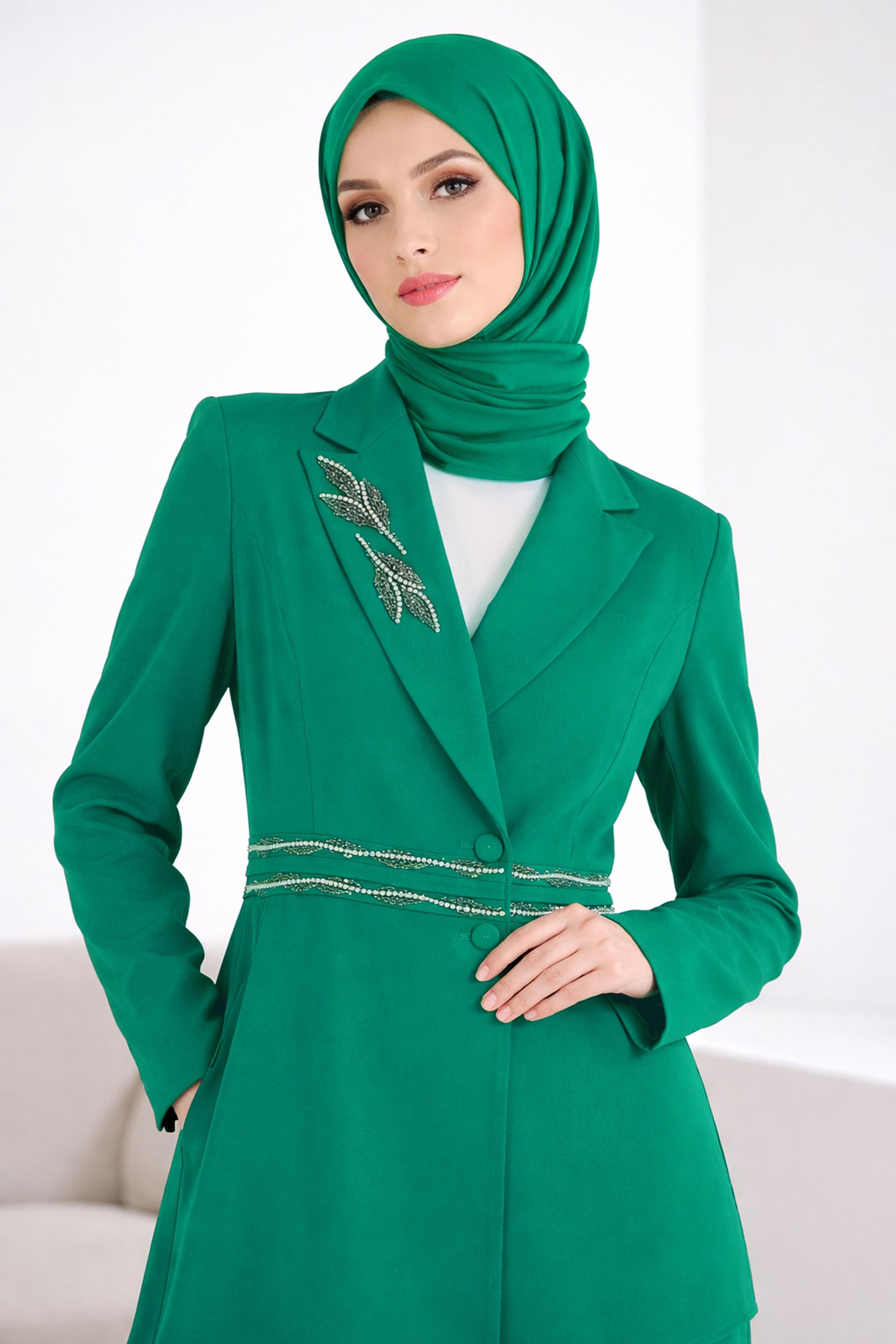 Hijab clothing GREEN ASYMMETRIC CUT 2-PIECE PANTS SUIT 30333