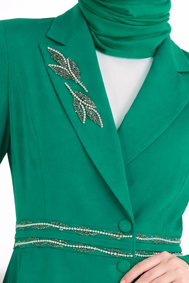 Hijab clothing GREEN ASYMMETRIC CUT 2-PIECE PANTS SUIT 30333 - ALVİNA