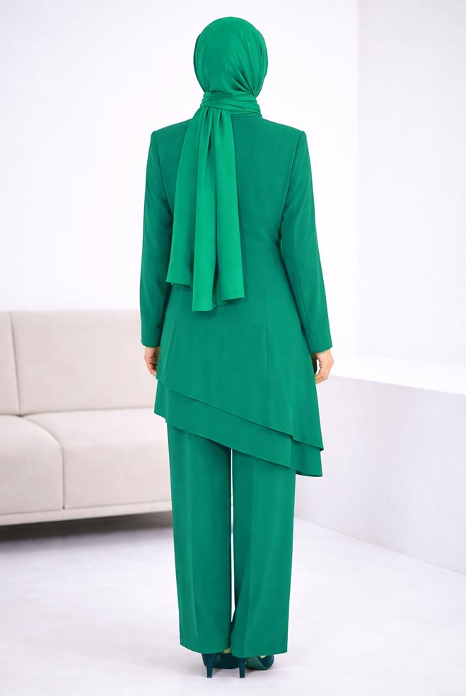Hijab clothing GREEN ASYMMETRIC CUT 2-PIECE PANTS SUIT 30333 - ALVİNA