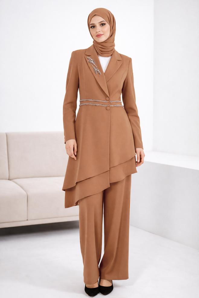 Hijab clothing BROWN ASYMMETRIC CUT 2-PIECE PANTS SUIT 30333 - ALVİNA
