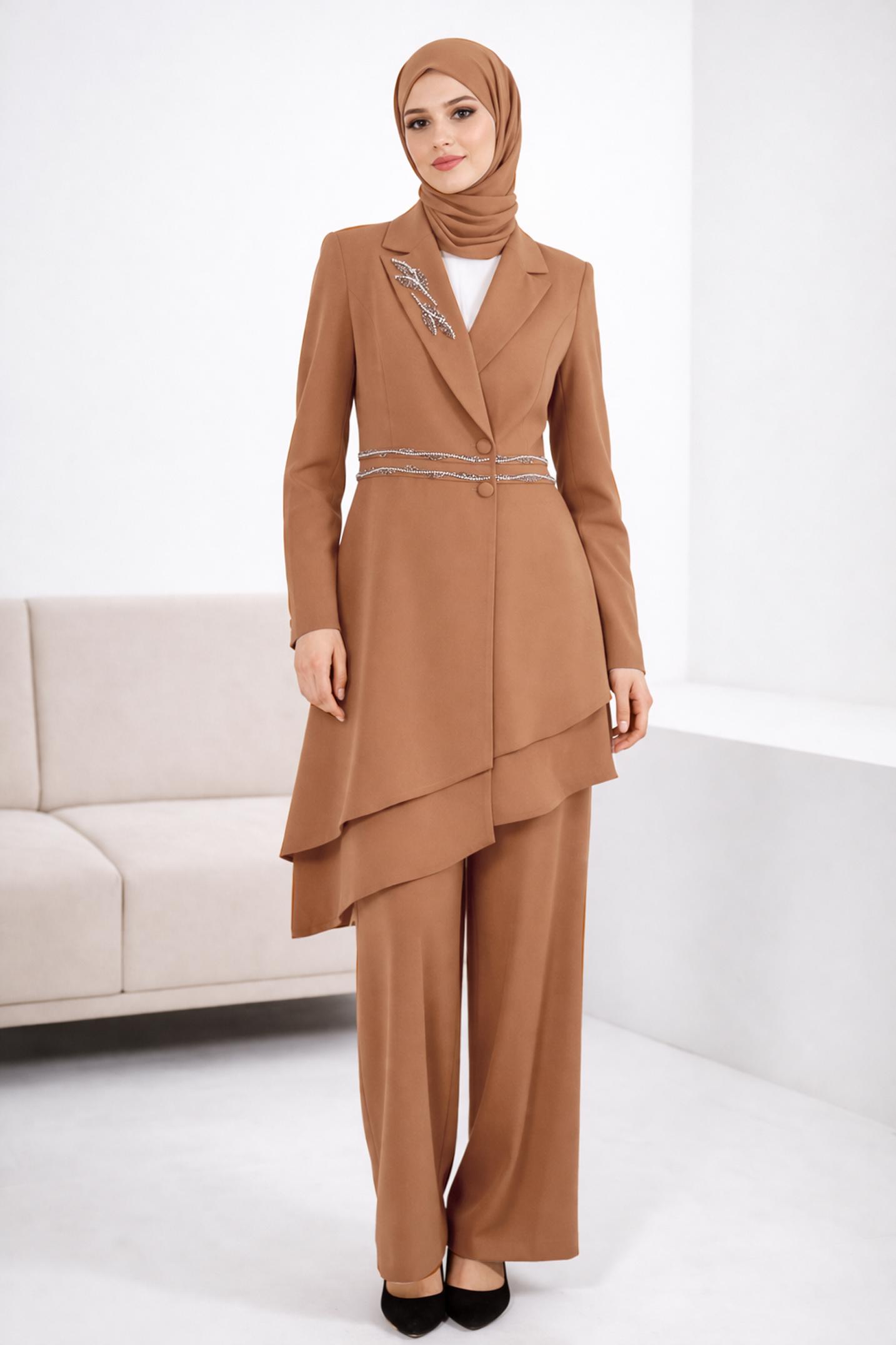 Hijab clothing BROWN ASYMMETRIC CUT 2-PIECE PANTS SUIT 30333