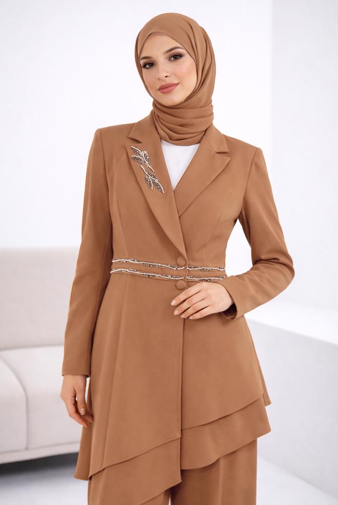 Hijab clothing BROWN ASYMMETRIC CUT 2-PIECE PANTS SUIT 30333 - ALVİNA