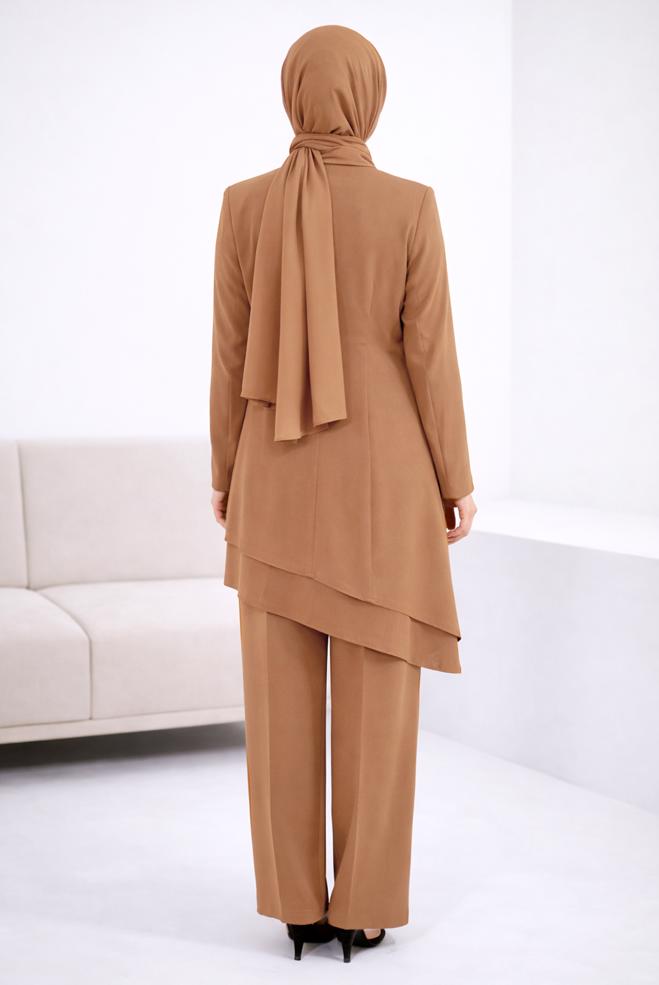 Hijab clothing BROWN ASYMMETRIC CUT 2-PIECE PANTS SUIT 30333 - ALVİNA
