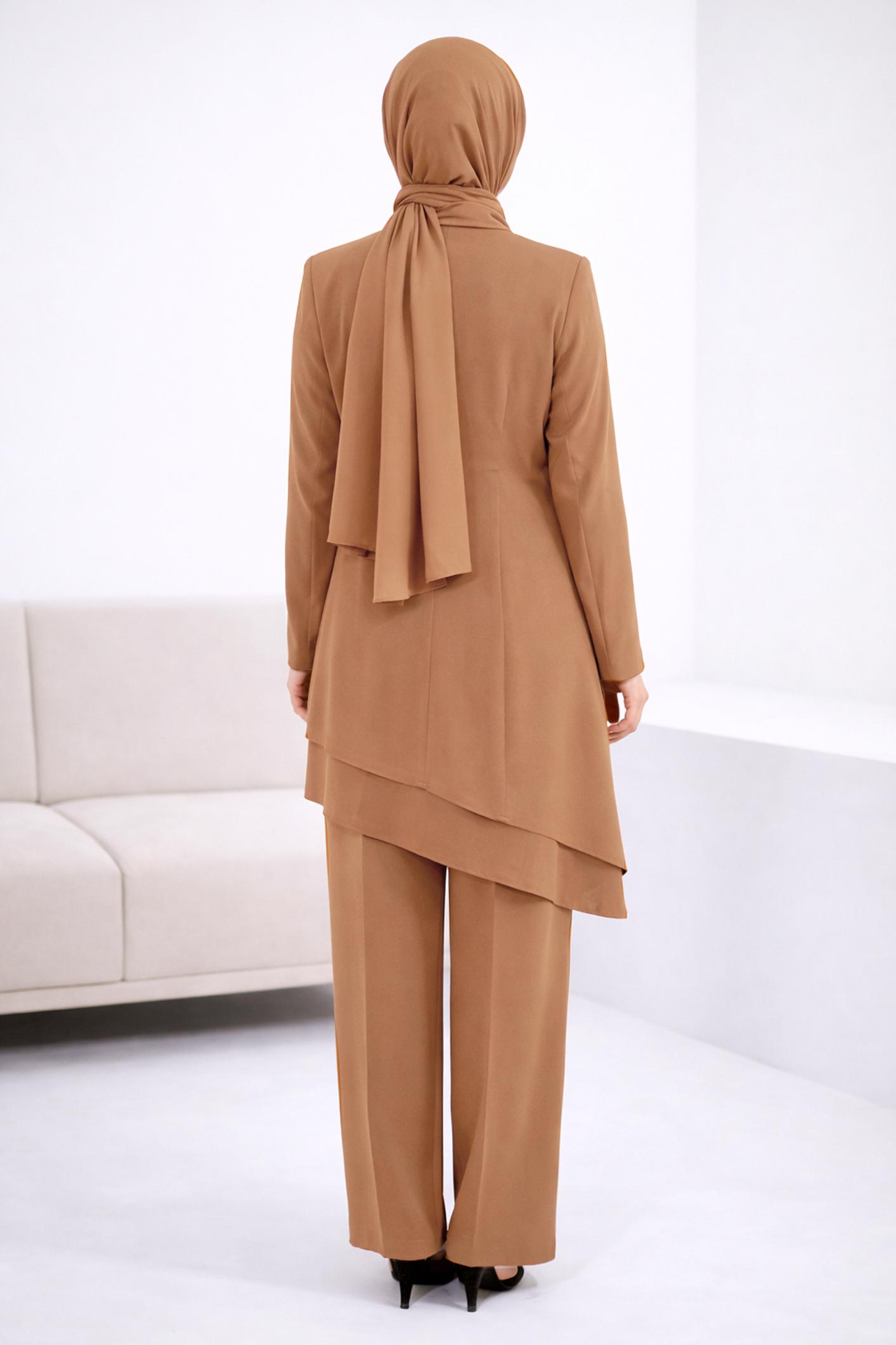 Hijab clothing BROWN ASYMMETRIC CUT 2-PIECE PANTS SUIT 30333