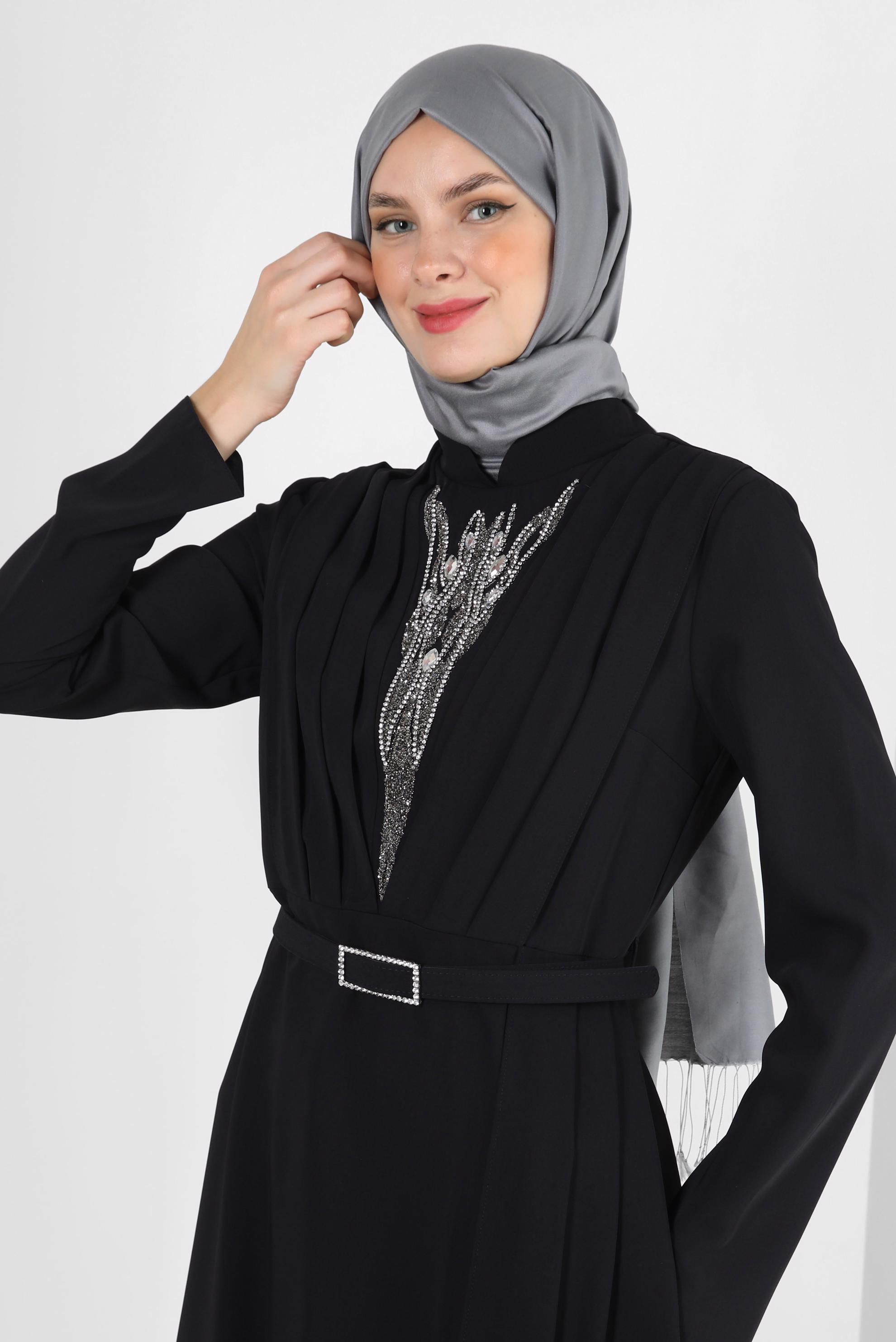 Tesettür giyim SİYAH TAŞ BASKILI DRAPE DETAYLI PANTOLONLU TAKIM 30334