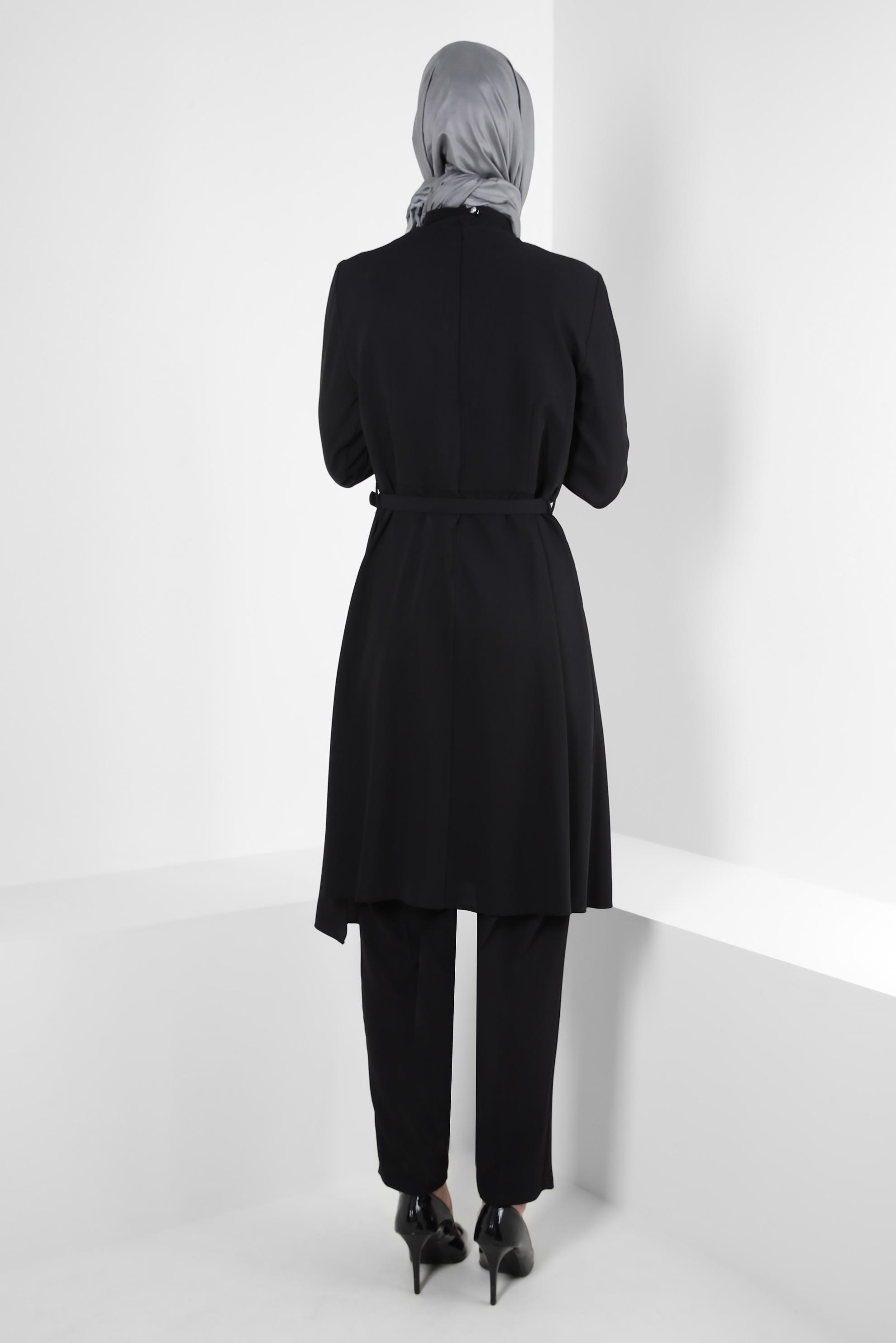 Tesettür giyim SİYAH TAŞ BASKILI DRAPE DETAYLI PANTOLONLU TAKIM 30334