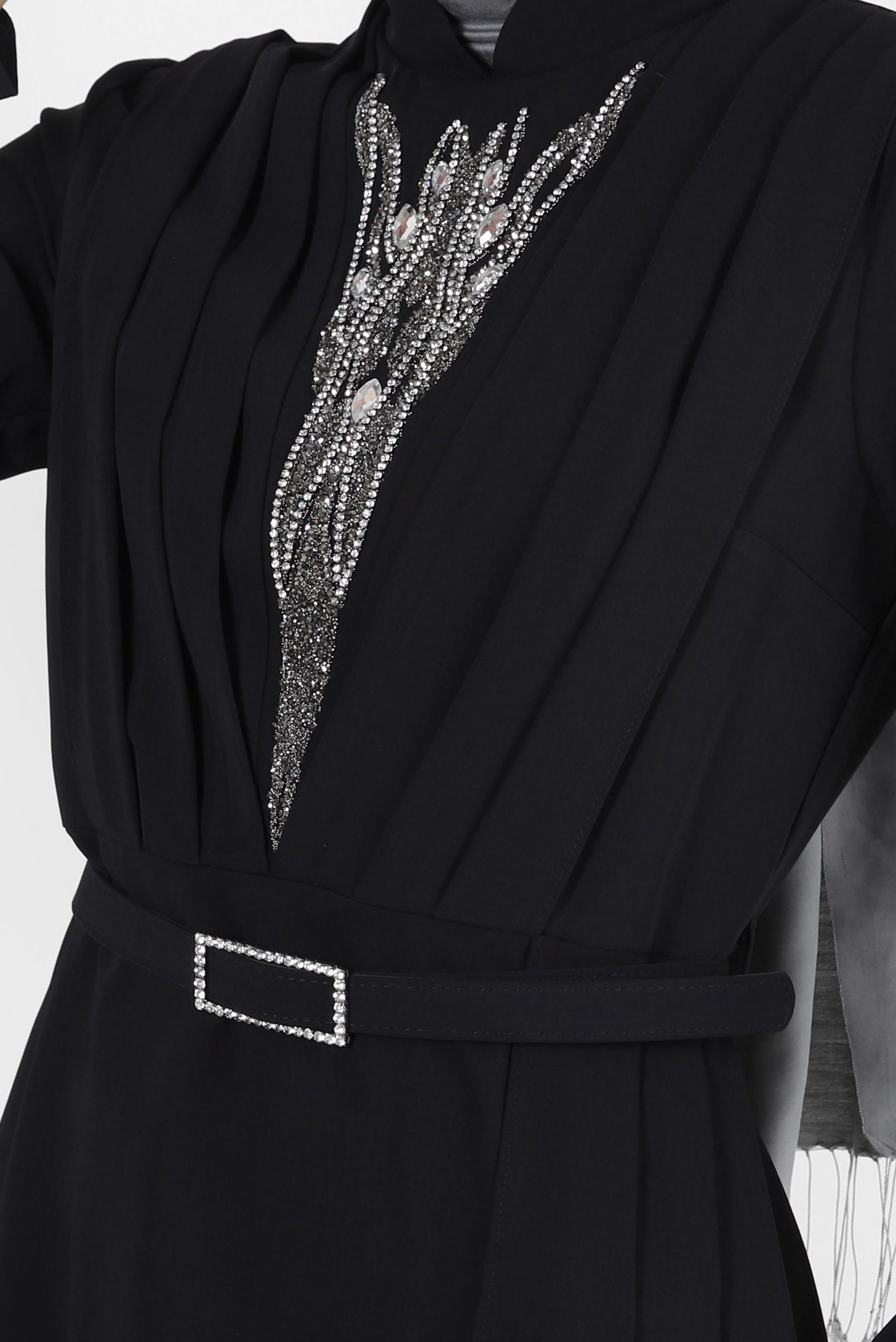 Tesettür giyim SİYAH TAŞ BASKILI DRAPE DETAYLI PANTOLONLU TAKIM 30334