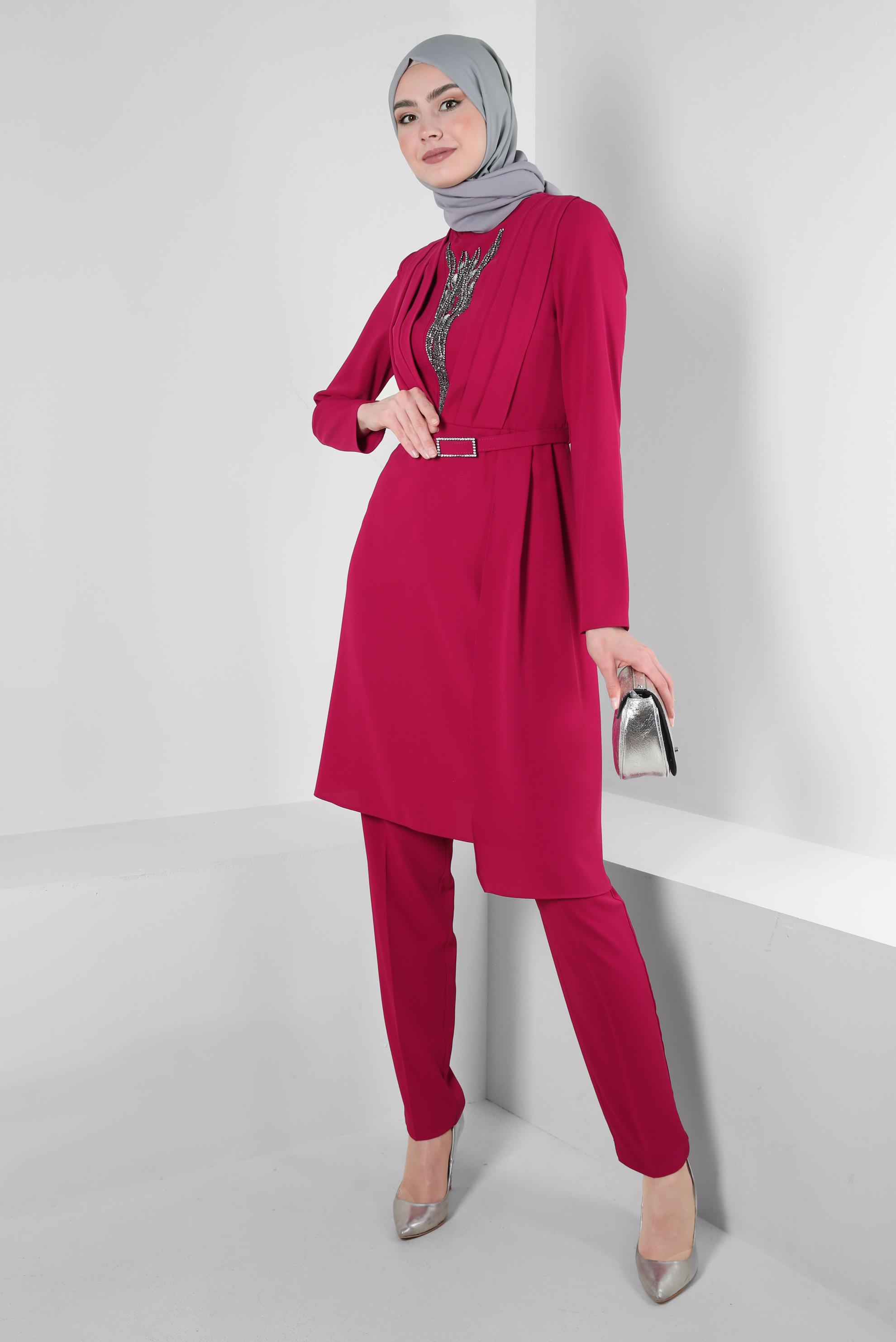 Tesettür giyim FUŞYA TAŞ BASKILI DRAPE DETAYLI PANTOLONLU TAKIM 30334