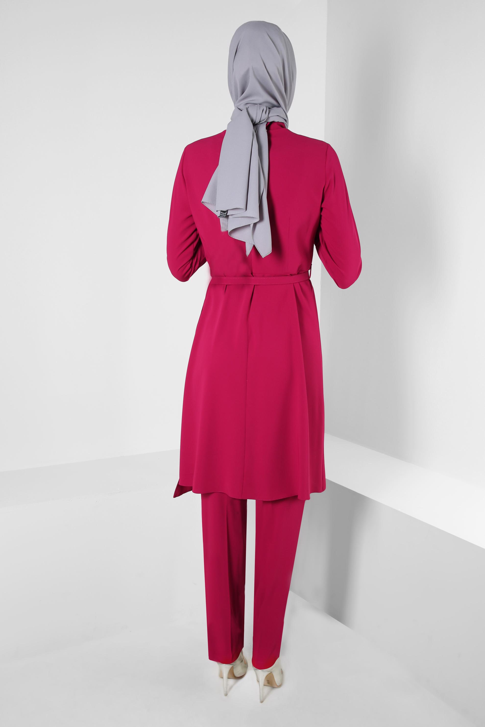 Tesettür giyim FUŞYA TAŞ BASKILI DRAPE DETAYLI PANTOLONLU TAKIM 30334