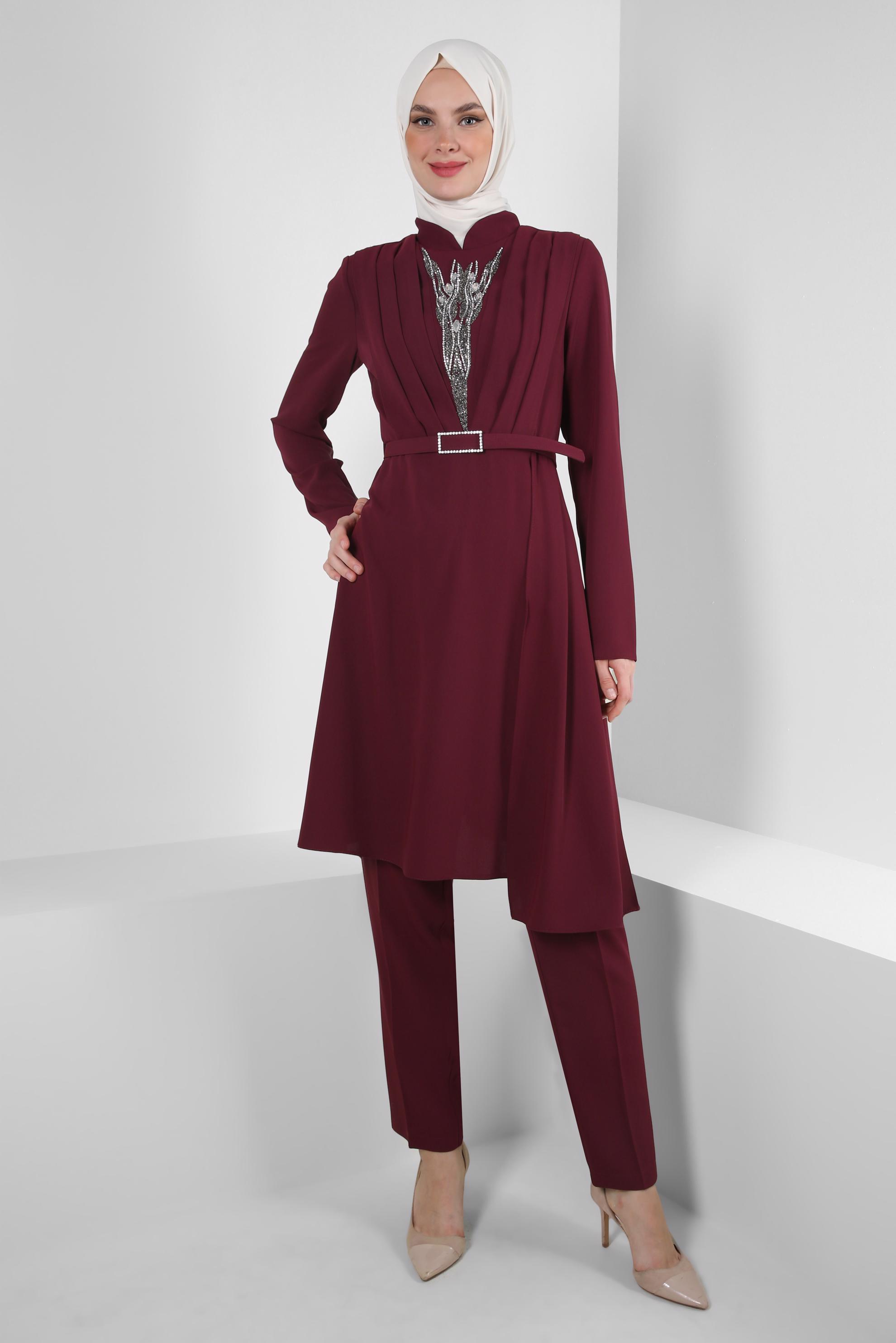 Tesettür giyim MÜRDÜM TAŞ BASKILI DRAPE DETAYLI PANTOLONLU TAKIM 30334